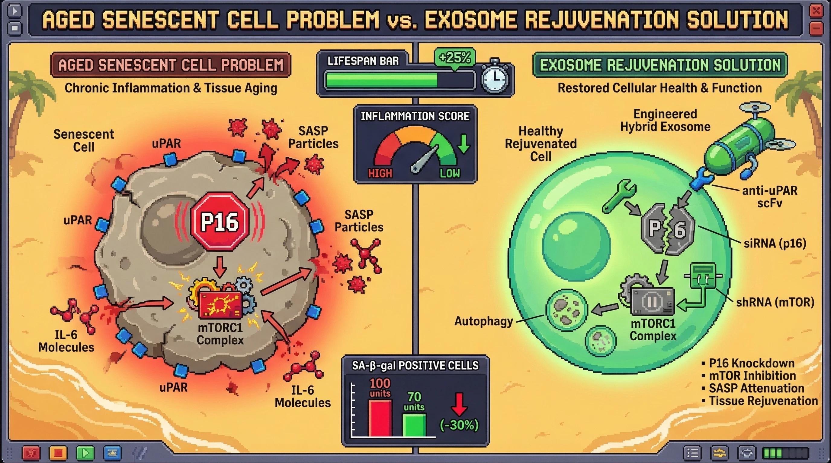 Mechanism: Engineered exosomes target senescent cells via uPAR, delivering siRNA to knock down p16 and shRNA to transiently inhibit mTOR. Readout: Readout: This dual action attenuates SASP, reduces SA-β-gal positive cells by 30%, lowers circulating IL-6, and increases lifespan by 25%.