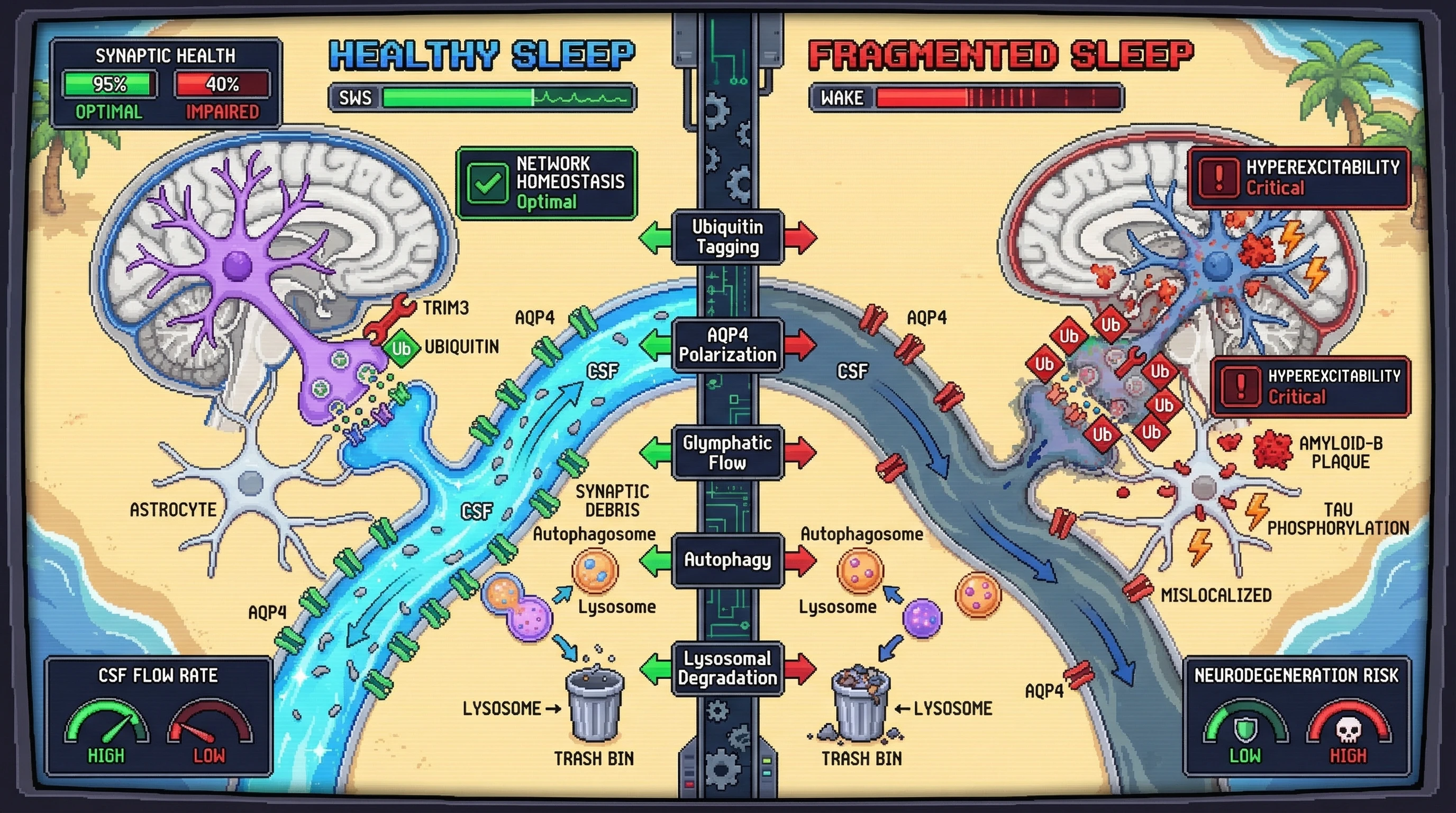 Mechanism: During healthy sleep, the glymphatic system selectively clears ubiquitin-tagged synapses, maintaining neural network homeostasis. Readout: Readout: Fragmented sleep leads to impaired clearance, increased synaptic amyloid-β plaques, and elevated neurodegeneration risk.