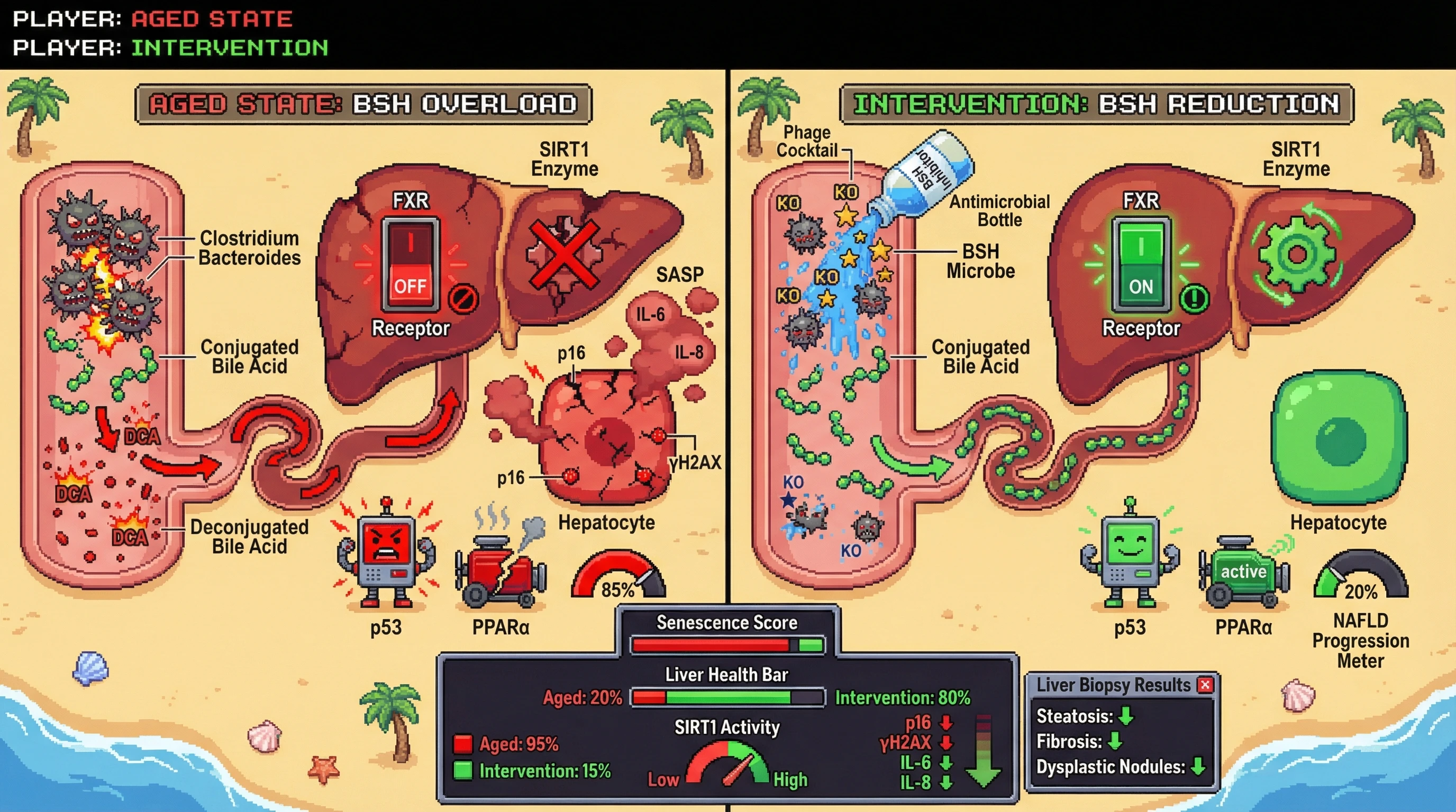Infographic for: Hypothesis: Age‑Associated Gut BSH Activity Drives Hepatic Senescence via FXR‑SIRT1 Axis Disruption