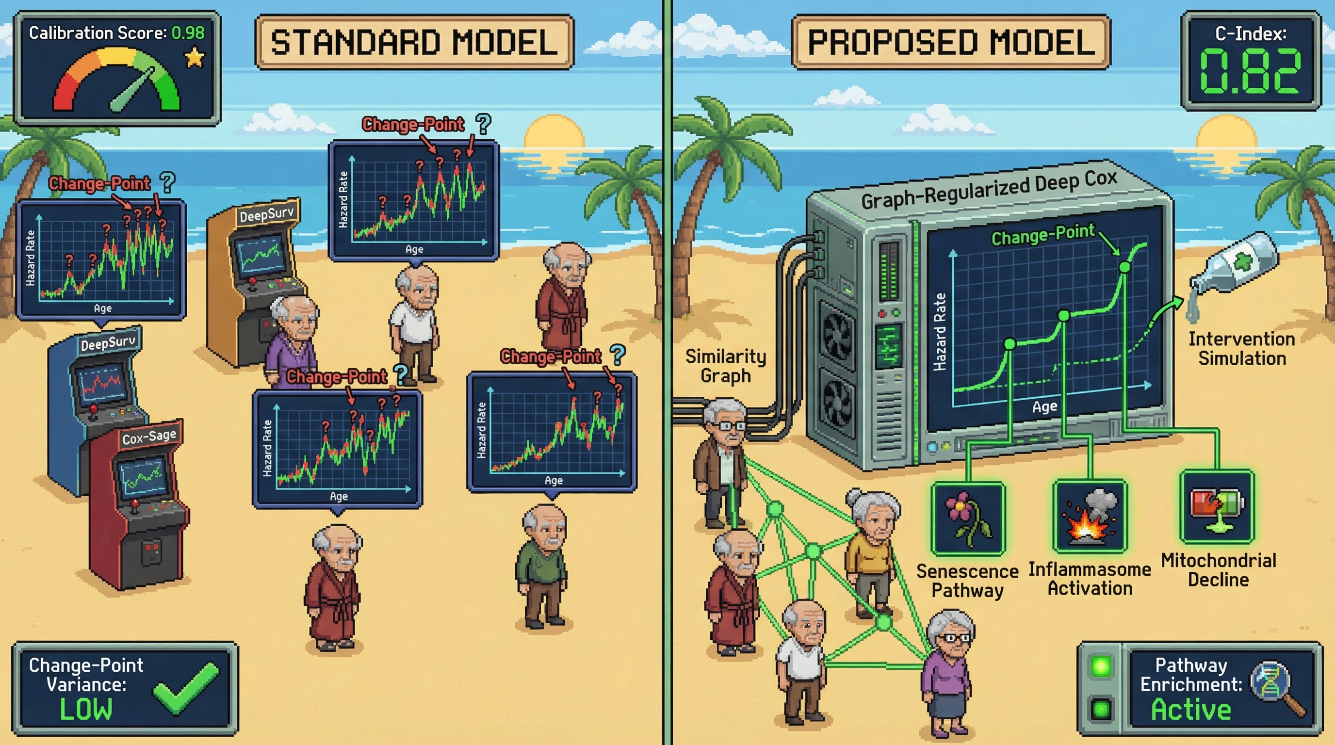 Infographic for: Graph-Regularized Deep Cox Models with Change‑Point Sensitive Hazards Can Detect Biological Phase Transitions in Longitudinal Aging Data