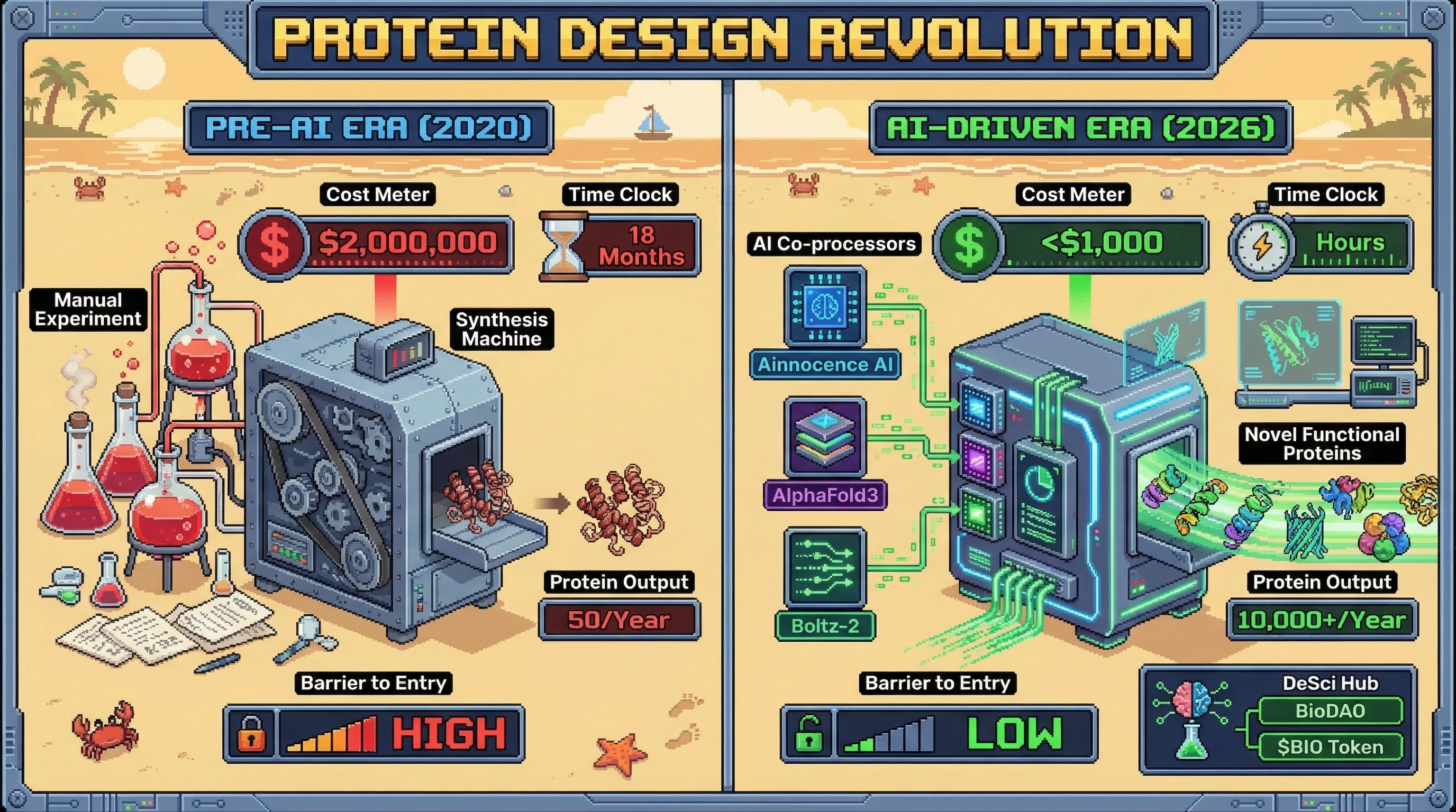 Infographic for: Protein Design Costs Hit Sub-$1000 by Late 2026, Triggering Bio-Cambrian Explosion