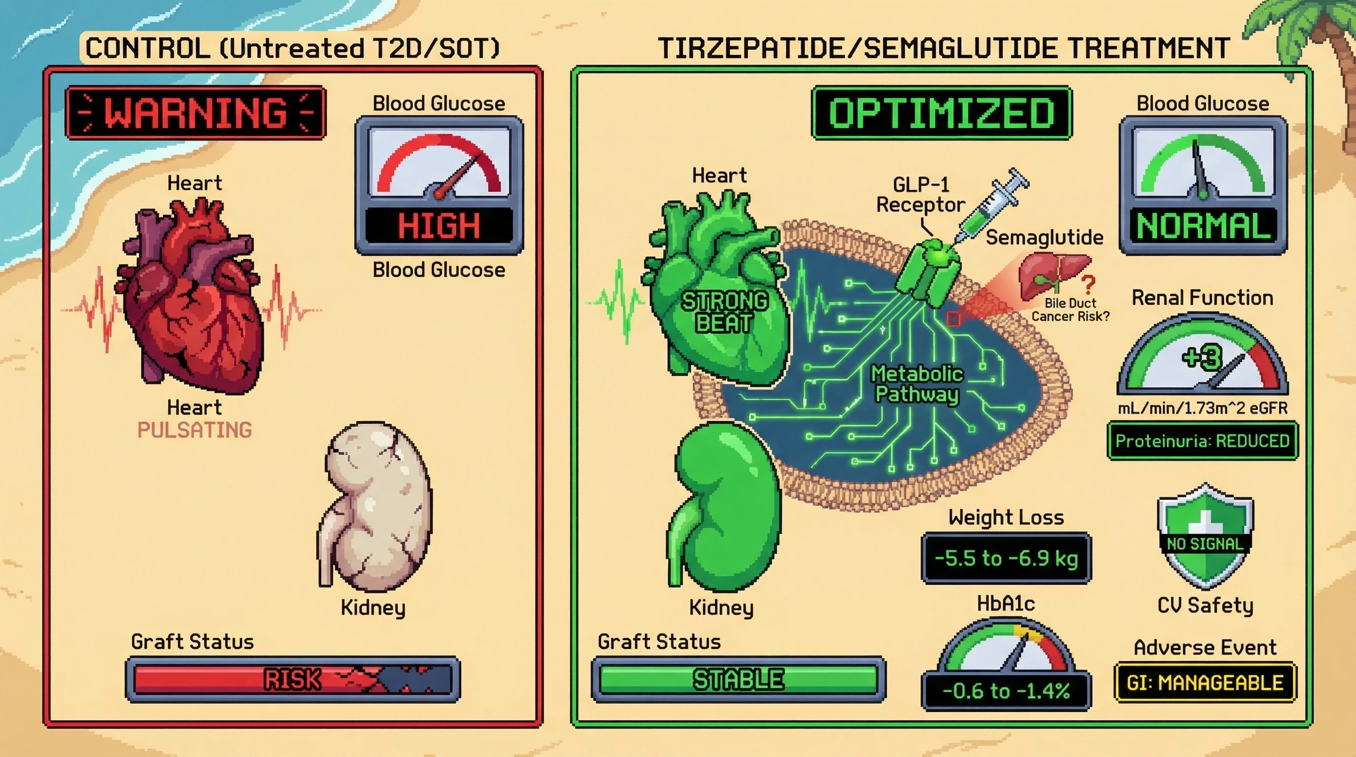 Mechanism: GLP-1 receptor agonists like Tirzepatide and Semaglutide activate GLP-1 receptors, improving metabolic pathways in patients with type 2 diabetes and solid organ transplants. Readout: Readout: This leads to significant reductions in HbA1c (0.6-1.4%) and weight (5.5-6.9 kg), stable renal parameters with slight eGFR increases, and no significant cardiac or graft dysfunction signals, though a potential bile duct cancer signal for Semaglutide warrants further study.