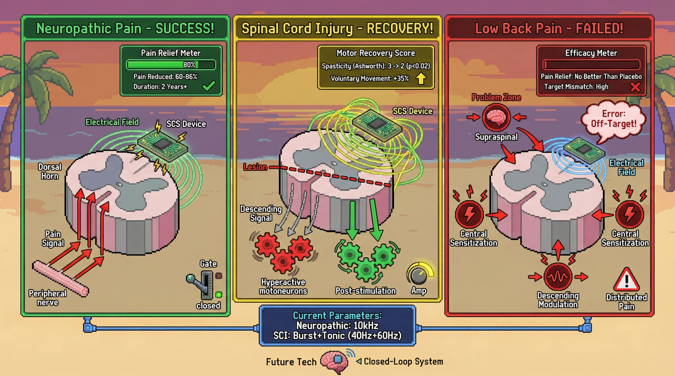 This infographic illustrates why Spinal Cord Stimulation (SCS) is effective for neuropathic pain and spinal cord injury but often fails for chronic low back pain. It highlights how success depends on precisely matching stimulation parameters to the specific neural circuits involved, rather than a one-size-fits-all approach.