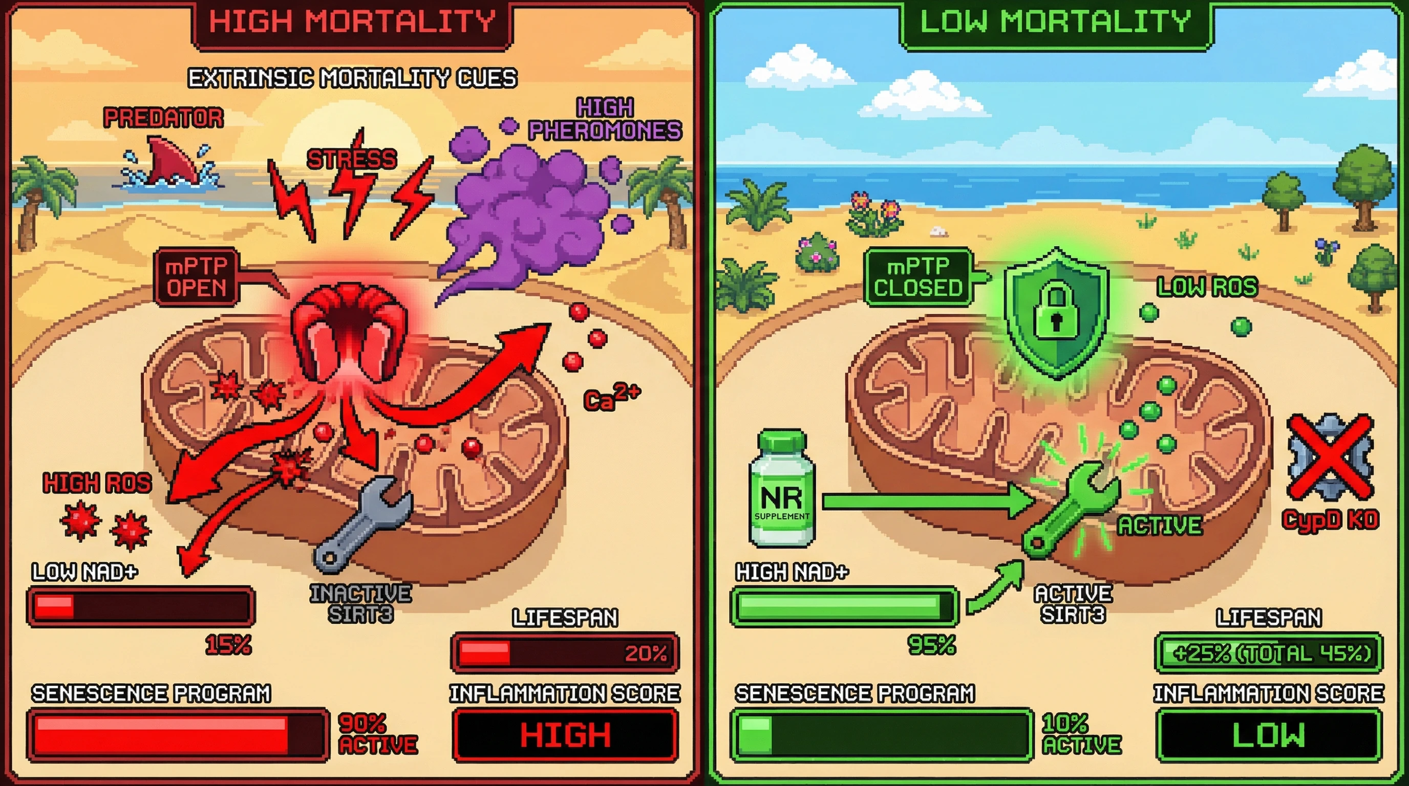 Infographic for: Resource-Dependent Modulation of an Evolved Senescence Execution Pathway