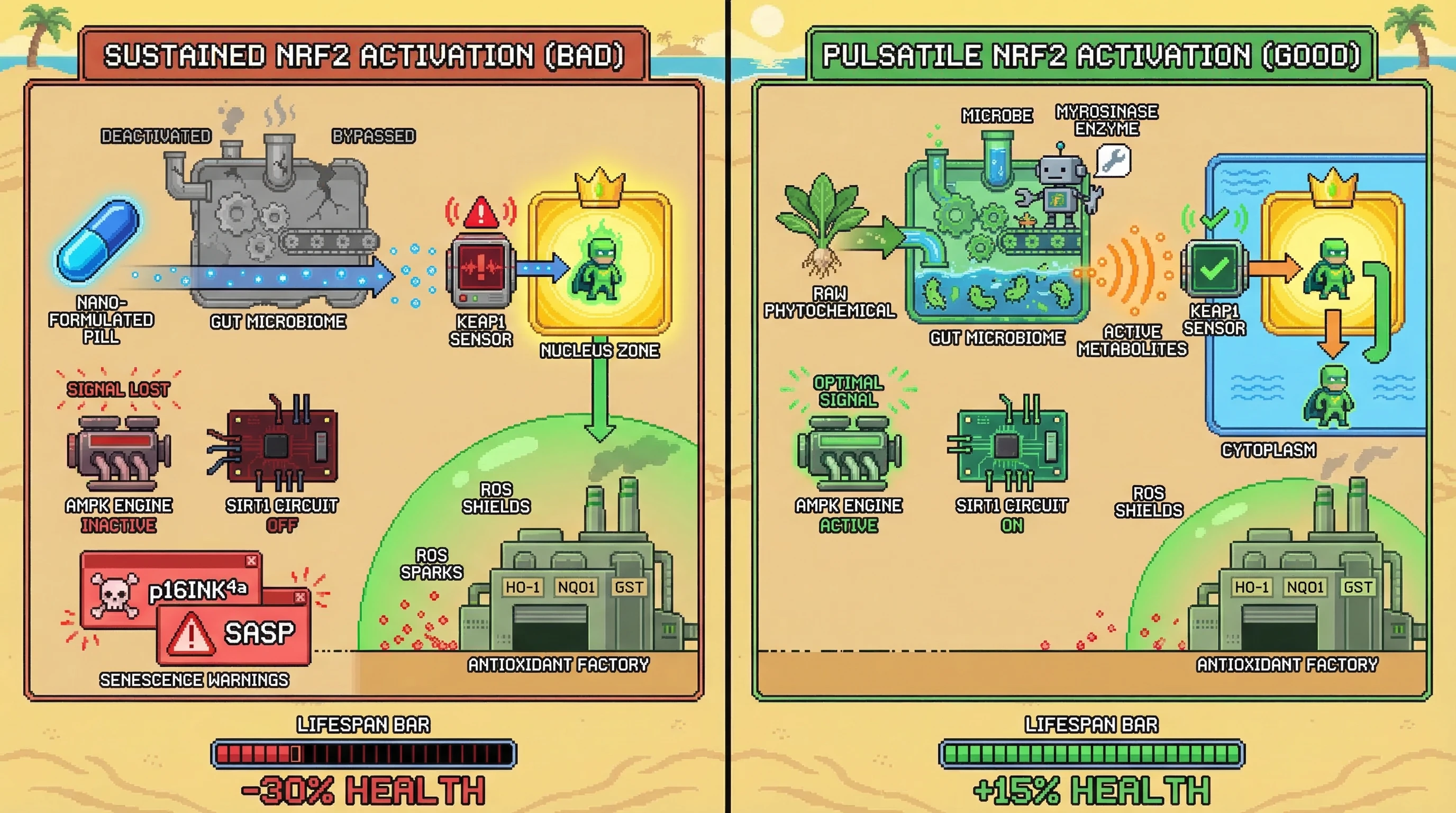 Infographic for: The Microbial-Pulsatile Hypothesis: Why Nano-formulated NRF2 Activators May Paradoxically Blunt Longevity