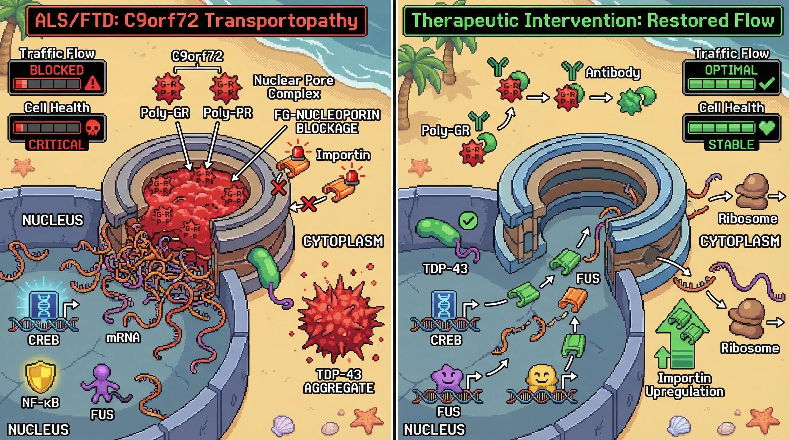 Mechanism: C9orf72 dipeptide repeats (poly-GR, poly-PR) block nuclear pores, trapping essential proteins and mRNA, leading to TDP-43 mislocalization and aggregation. Readout: Readout: Therapeutic strategies like antibody sequestration or importin upregulation restore nuclear-cytoplasmic transport, improving cell health and clearing protein aggregates.