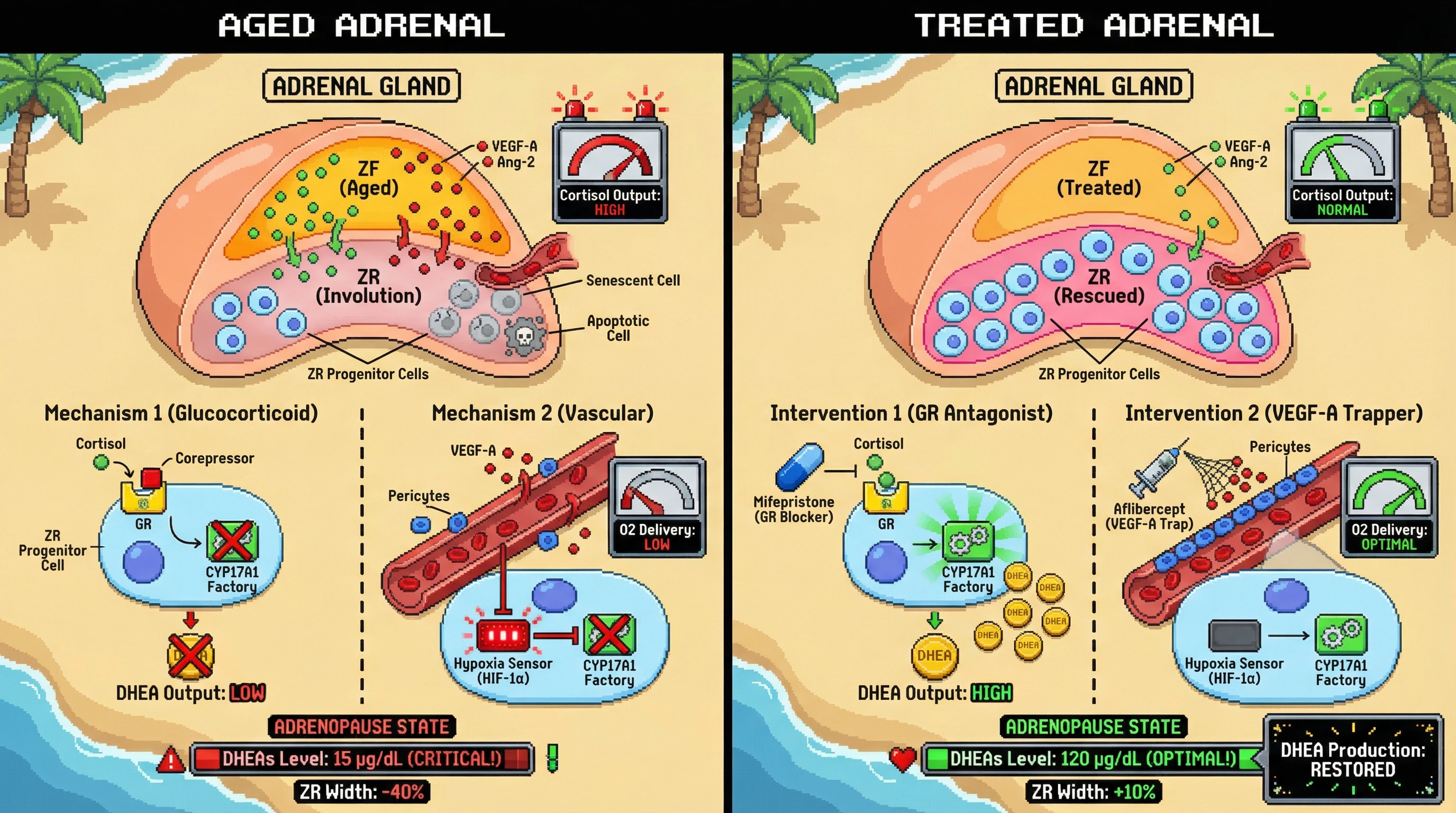Mechanism: Age-related expansion of the Zona Fasciculata (ZF) secretes glucocorticoids and angiocrine factors, inhibiting ZR progenitor cell differentiation and DHEA synthesis. Readout: Readout: This leads to ZR involution and critically low DHEAS levels, which are restored by targeting GR or VEGF-A.