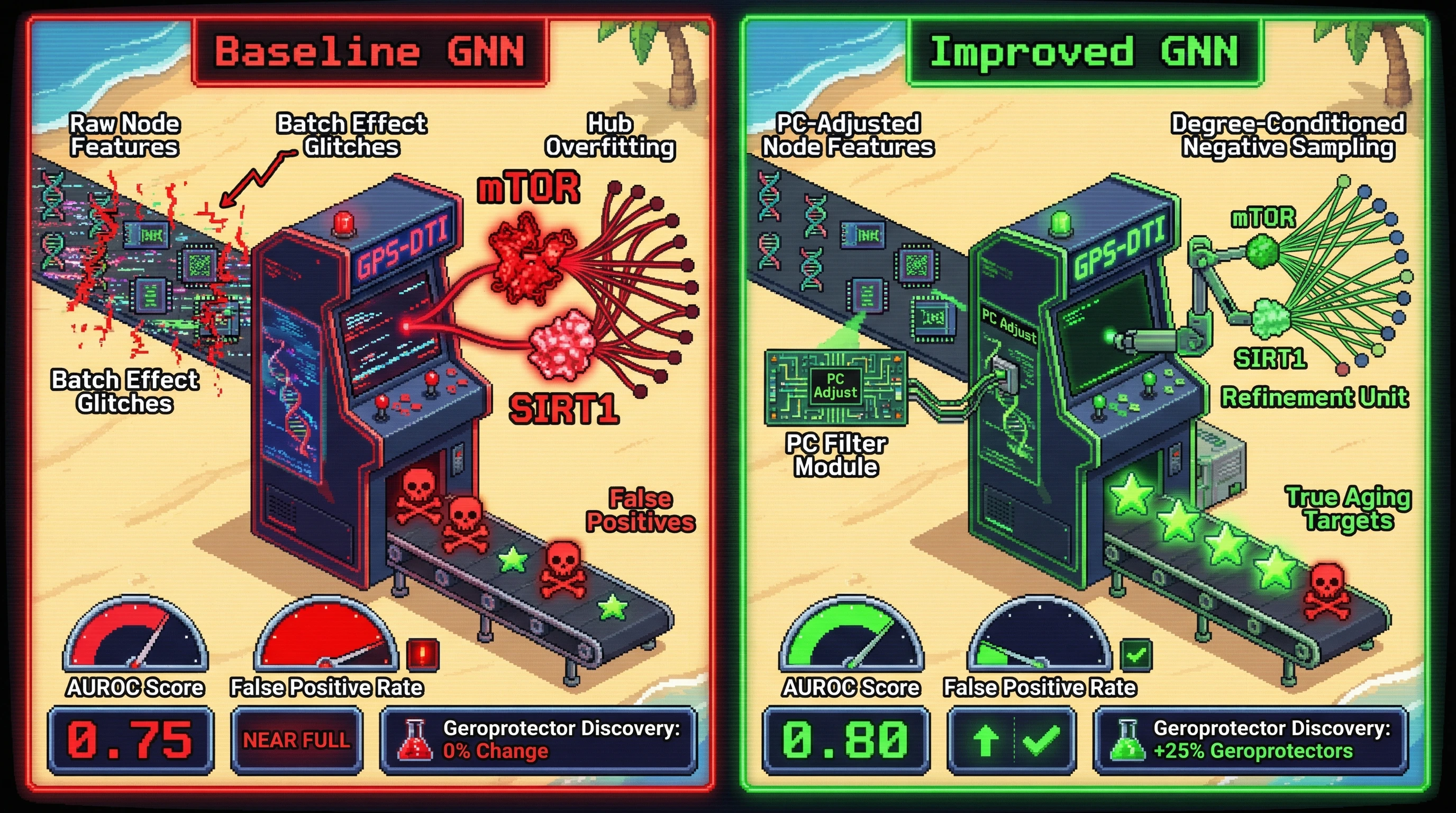 Infographic for: PC-adjusted GNN with hub-aware negative controls improves identification of aging drug targets