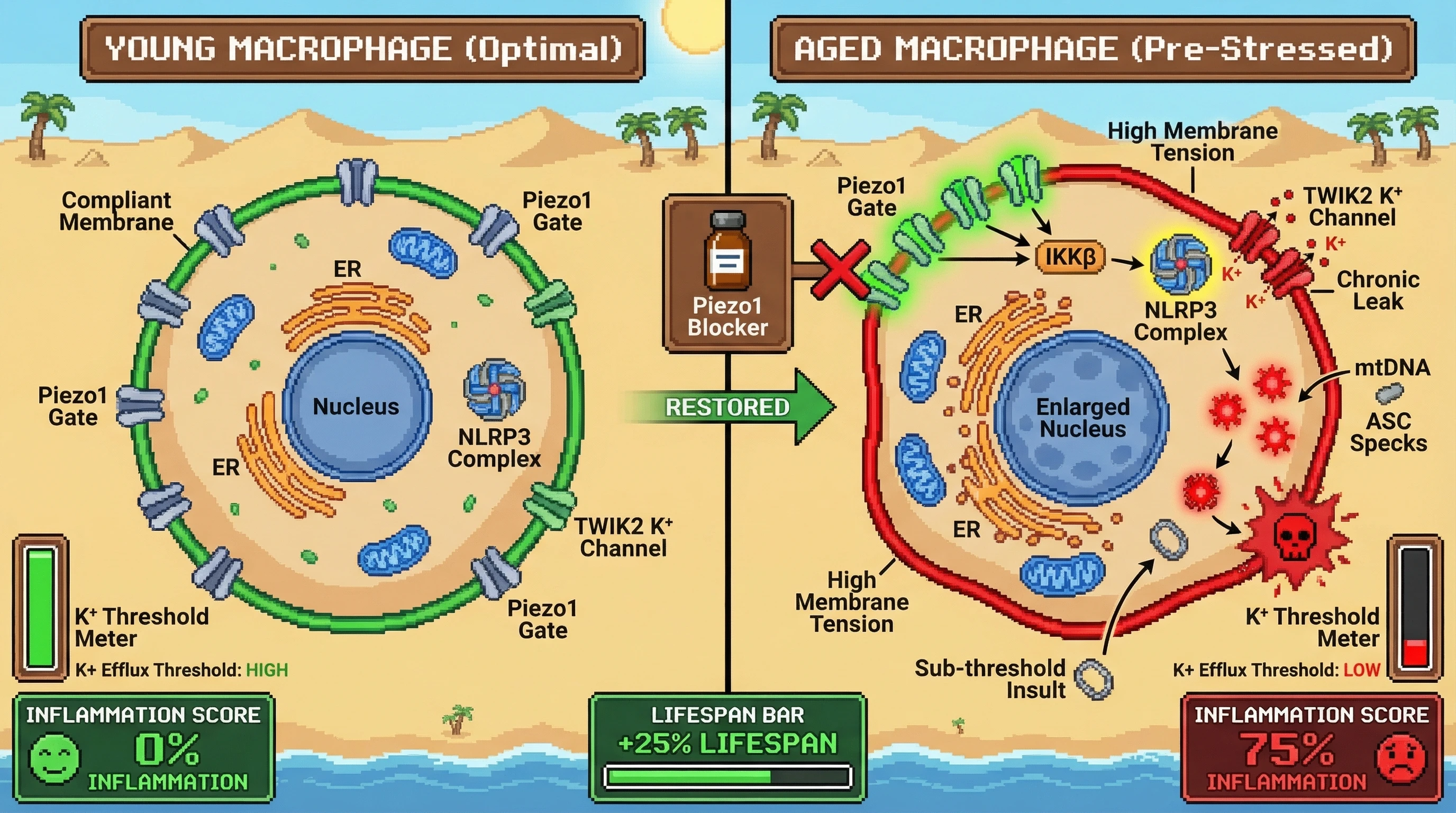 Mechanism: In aged macrophages, increased membrane tension via Piezo1 lowers the potassium efflux threshold, making the NLRP3 inflammasome hyper-responsive to minor insults. Readout: Readout: Inhibiting Piezo1 restores membrane compliance, raising the K+ efflux threshold and increasing cellular lifespan.