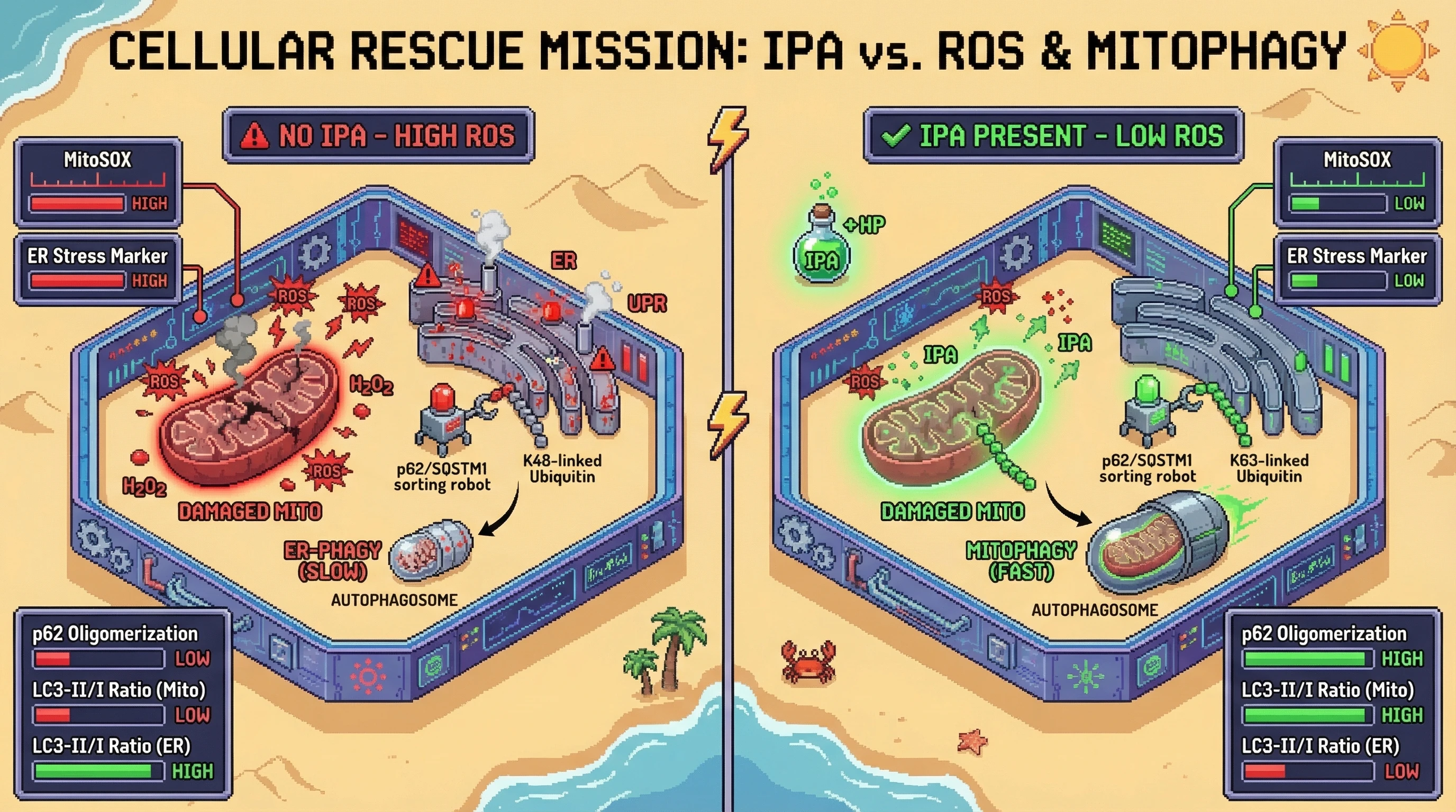 Infographic for: IPA reshapes the autophagy cargo hierarchy by biasing p62 toward mitochondrial ROS sensing