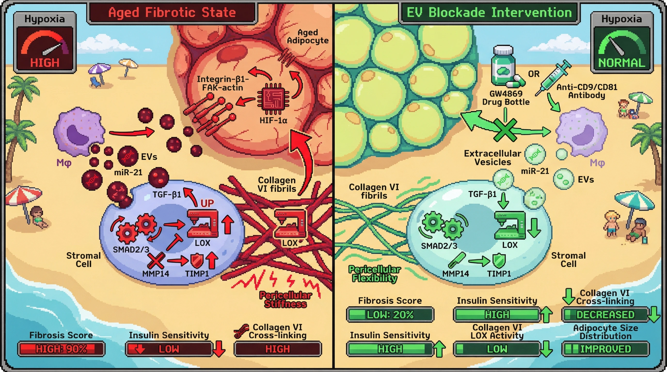 Mechanism: Aged macrophage-derived EVs carry miR-21 and TGF-β1, activating stromal cells to increase LOX and suppress MMP14, leading to collagen VI cross-linking and a feed-forward fibrosis loop. Readout: Readout: EV blockade reduces LOX activity and collagen VI cross-linking, improving adipocyte size distribution and insulin tolerance.