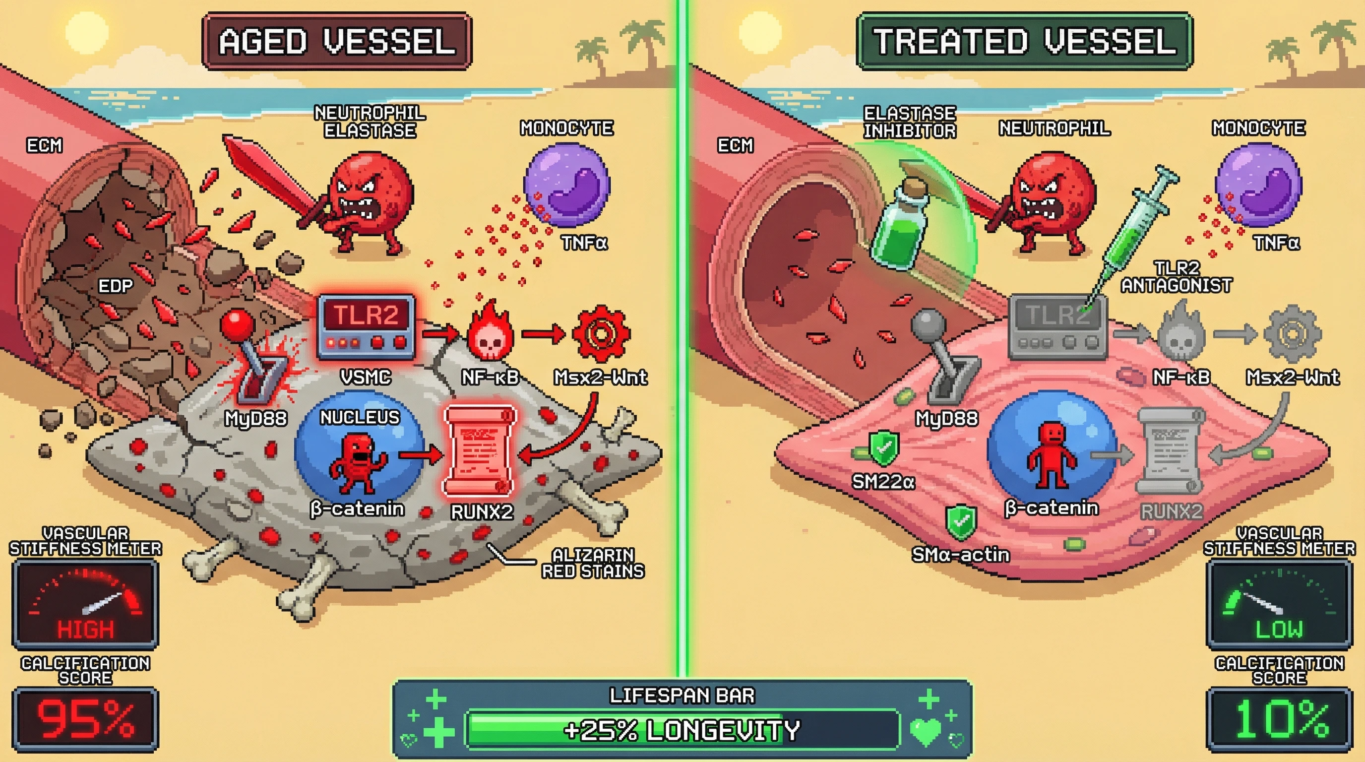 Mechanism: Elastin-derived peptides (EDPs) activate TLR2 on vascular smooth muscle cells (VSMCs), driving a pro-calcification pathway amplified by immune cells. Readout: Readout: Inhibiting elastase and TLR2 reduces VSMC calcification, decreases vascular stiffness, and increases longevity by 25%.