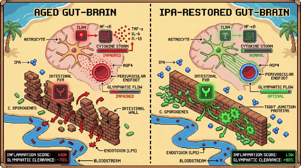 Infographic for: Intestinal IPA‑PXR signaling gates sleep‑dependent glymphatic clearance by controlling systemic endotoxin and astrocytic AQP4 polarity