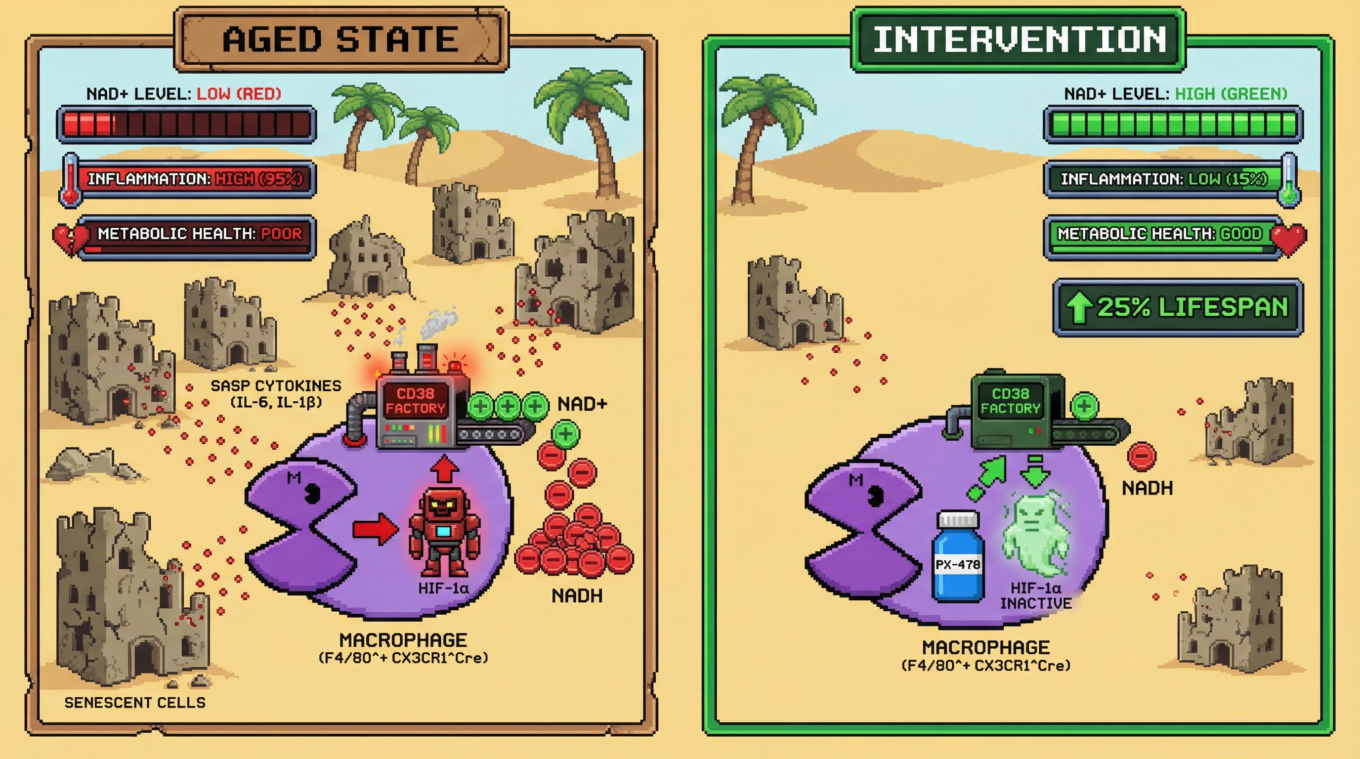 Infographic for: HIF-1α in macrophages links senescent cell burden to CD38-mediated NAD+ decline