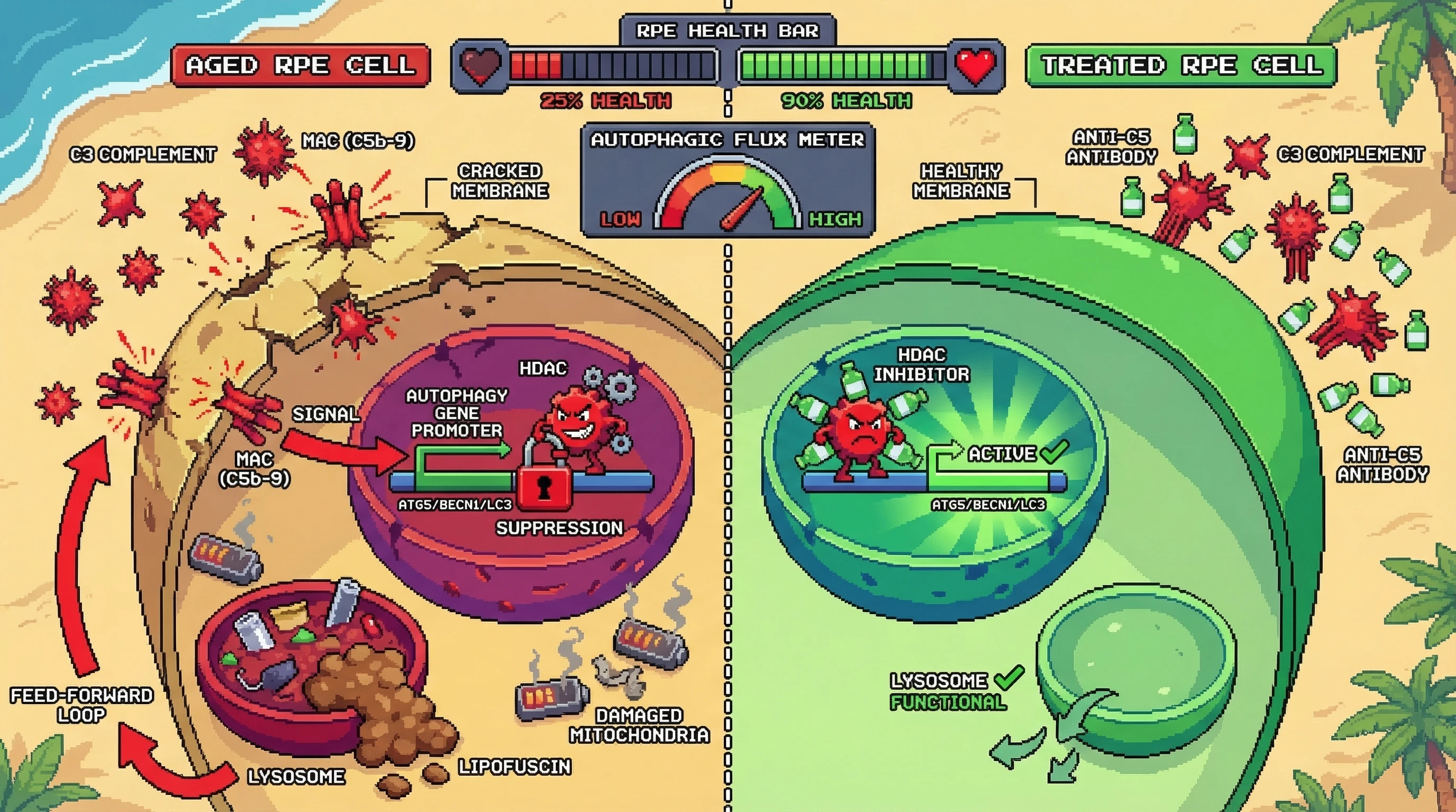 Mechanism: Complement activation in aged RPE cells leads to epigenetic silencing of autophagy genes via HDAC recruitment, creating a self-reinforcing loop of cellular damage. Readout: Readout: Disrupting this complement-epigenetic axis with inhibitors restores autophagy and significantly improves RPE cell health and function.