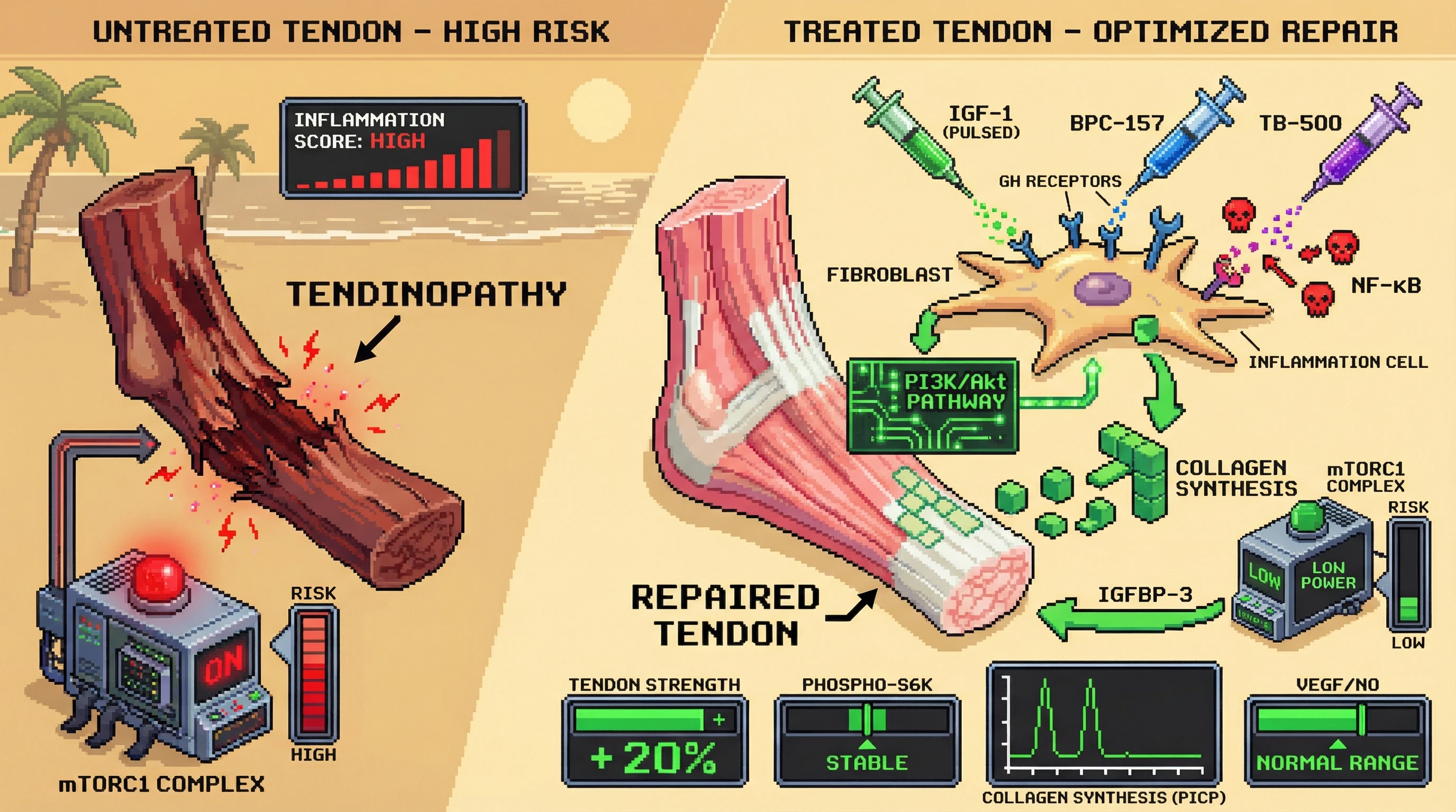 Infographic for: Pulsed Low‑Dose IGF‑1 with BPC‑157 and TB‑500 to Boost Tendon Repair While Limiting mTOR‑Driven Oncogenic Signaling