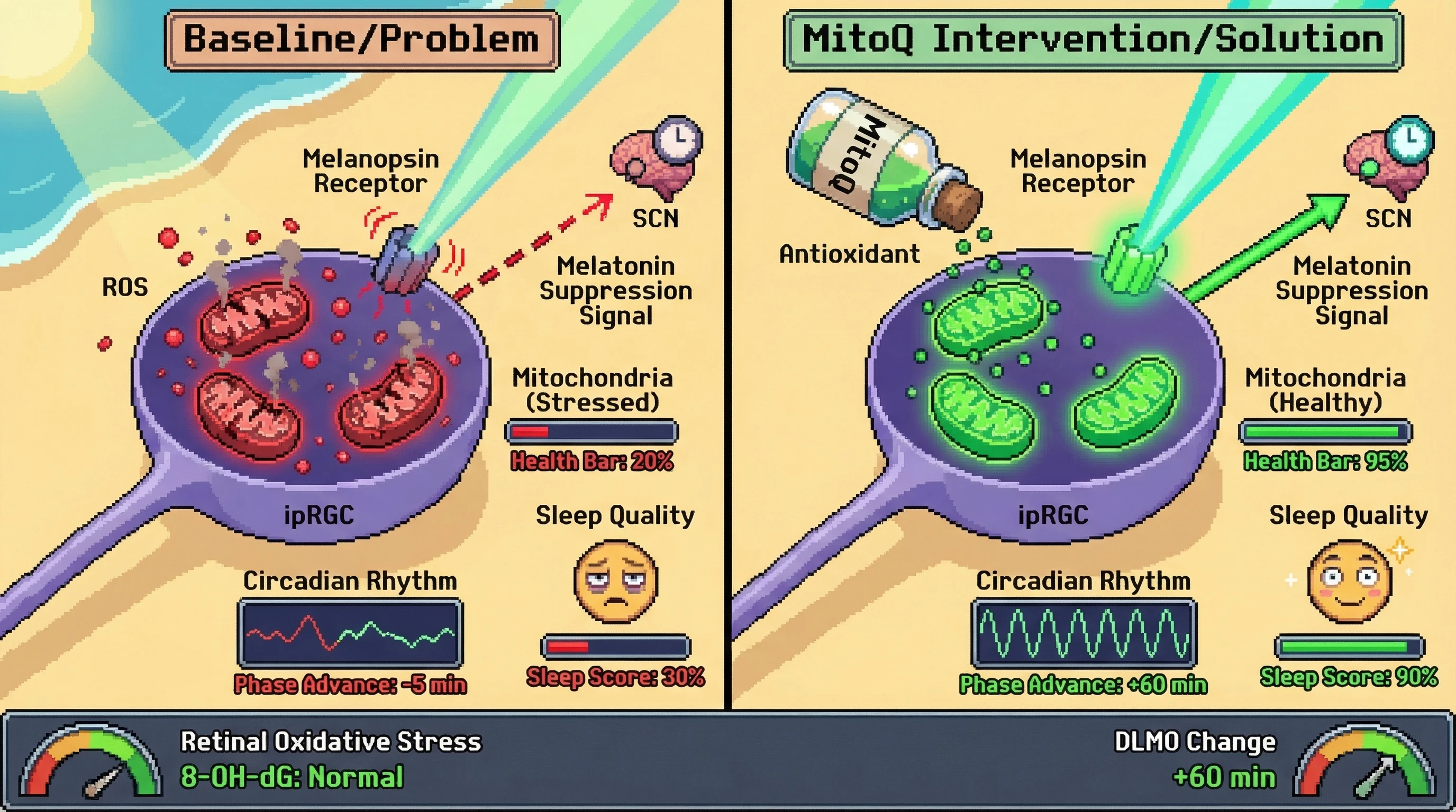 Mechanism: MitoQ, a mitochondria-targeted antioxidant, improves ipRGC mitochondrial health, enhancing melanopsin regeneration and strengthening melatonin suppression signals. Readout: Readout: This leads to larger phase advances in dim-light melatonin onset (DLMO) and improved sleep metrics, without increasing oxidative stress.
