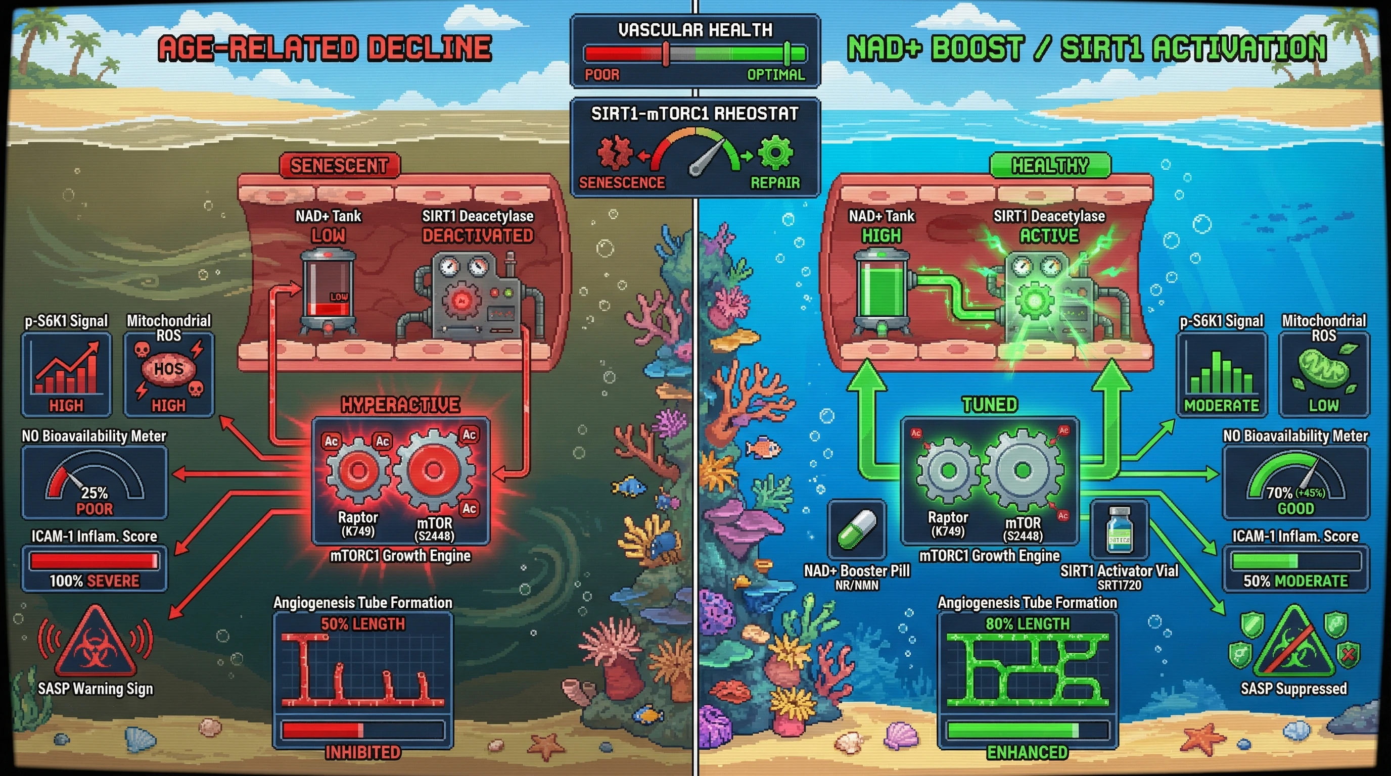 Infographic for: SIRT1-Dependent NAD+ Flux Tunes mTOR Activity to Balance Endothelial Senescence and Repair