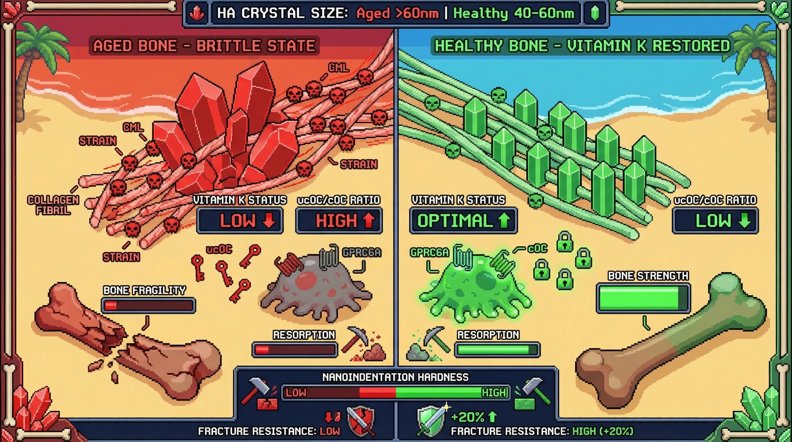 Infographic for: Undercarboxylated osteocalcin fails to restrain hydroxyapatite crystal growth in aging bone, exacerbating CML‑induced mineral‑matrix mismatch and brittleness