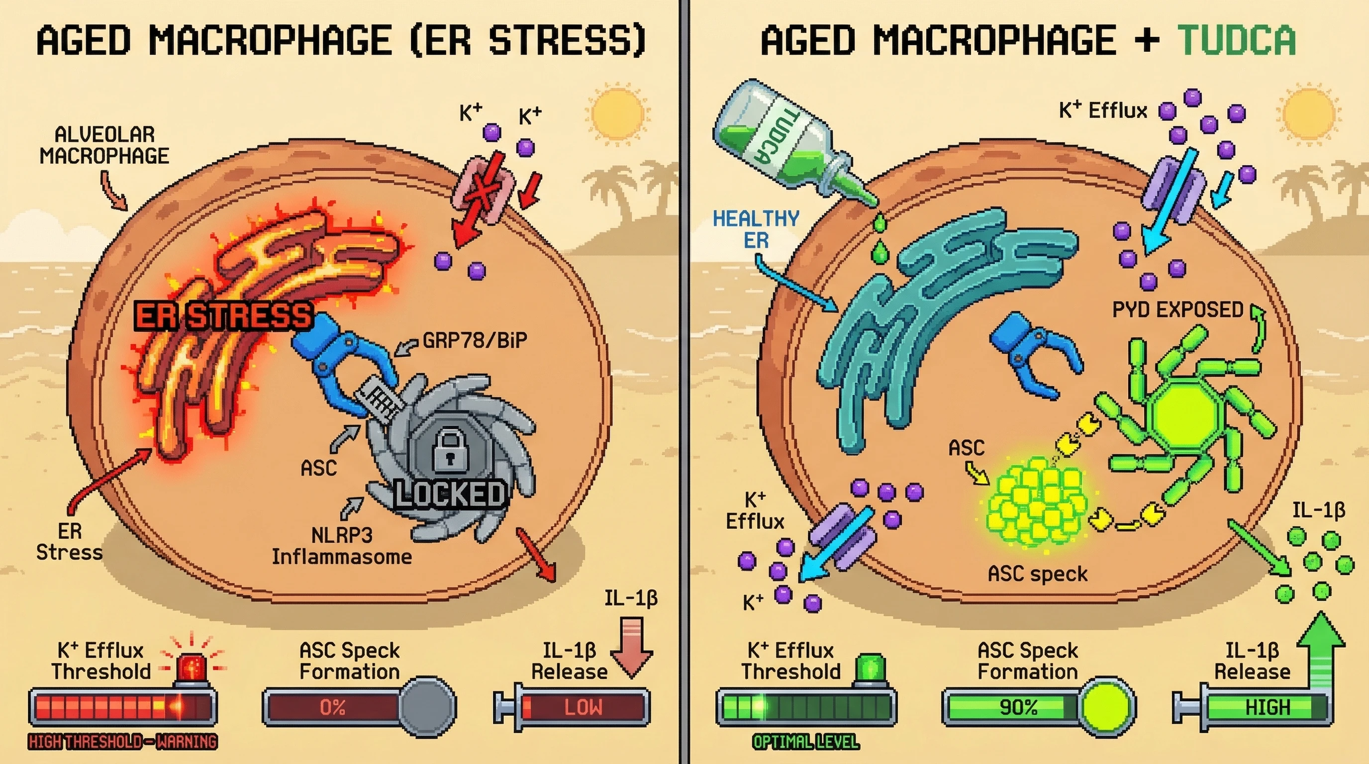 Mechanism: Age-related ER stress causes GRP78 to 'lock' NLRP3, raising its K⁺ efflux activation threshold in alveolar macrophages. Readout: Readout: TUDCA treatment restores NLRP3 activation, leading to increased ASC speck formation and IL-1β release.