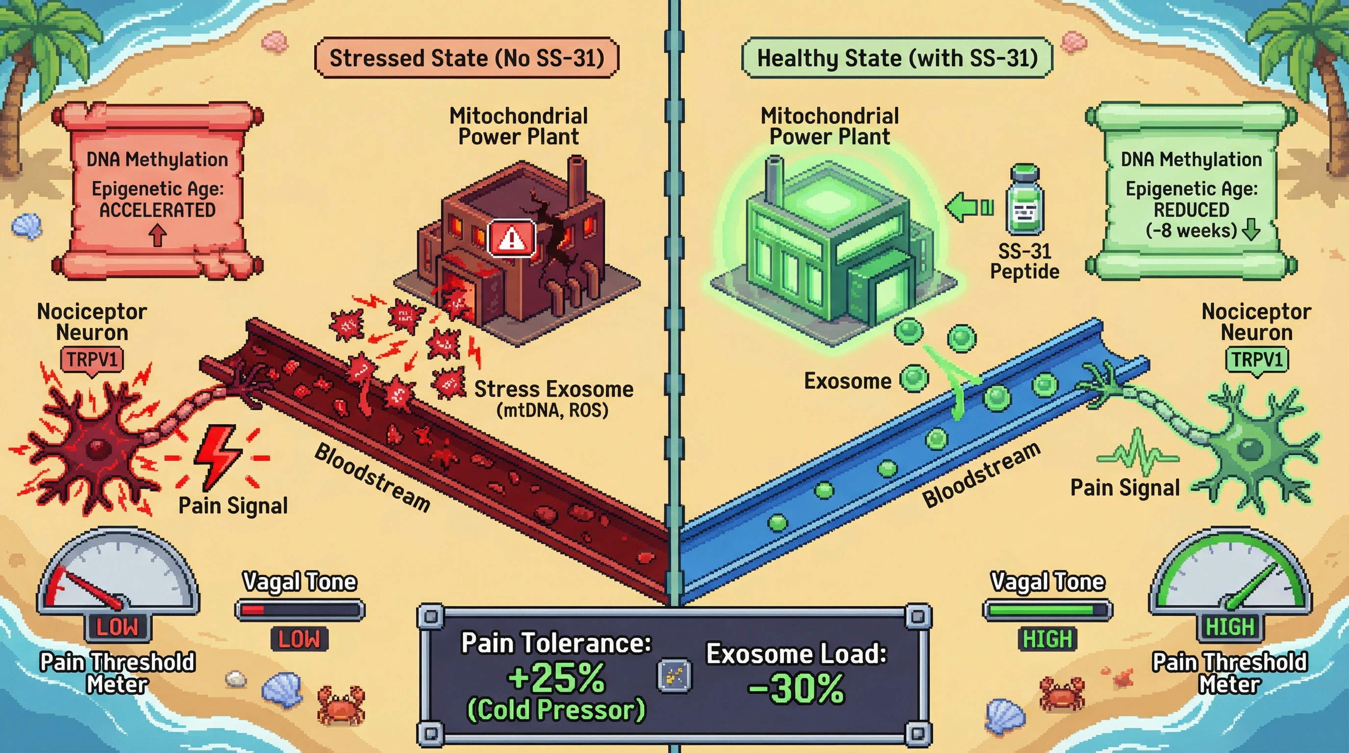 Mechanism: The SS-31 peptide improves mitochondrial function, which reduces the release of stress-induced exosomes that sensitize pain pathways and accelerate epigenetic aging. Readout: Readout: SS-31 treatment increases pain tolerance by 25% (cold pressor test), decreases circulating exosome load by 30%, and reduces epigenetic age acceleration after 8 weeks.