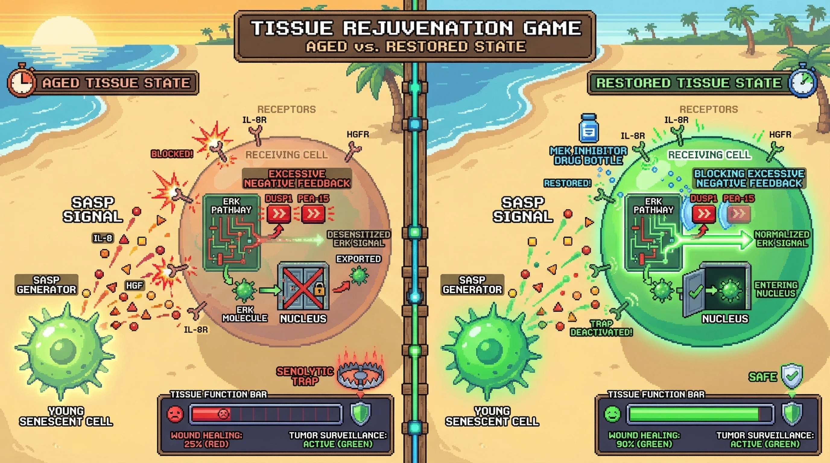 Mechanism: Chronic SASP exposure desensitizes target cells by causing excessive negative feedback on the ERK pathway, impairing nuclear ERK retention. Readout: Readout: Low-dose MEK inhibition in receiving cells restores nuclear ERK dynamics, improving wound healing from 25% to 90% while maintaining tumor surveillance.