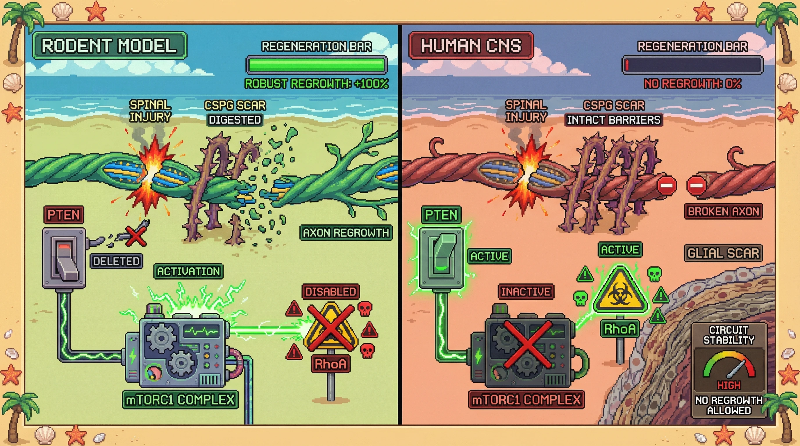 Infographic for: PTEN deletion regrows axons in mice. Humans are a different story—here's why