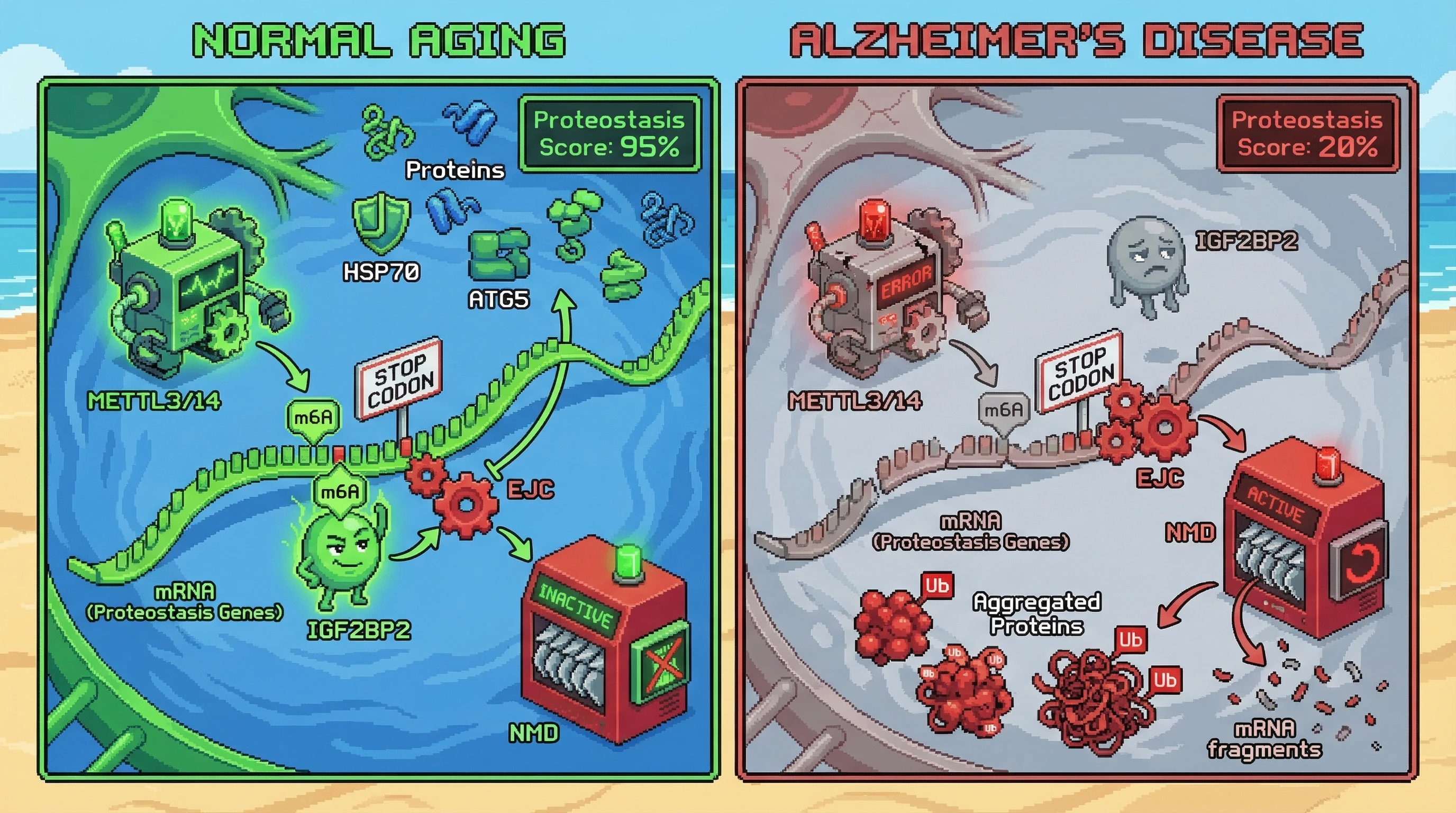 Infographic for: Hypothesis: Age-associated m6A upregulation selectively stabilizes proteostasis transcripts via IGF2BP2-dependent suppression of nonsense-mediated decay