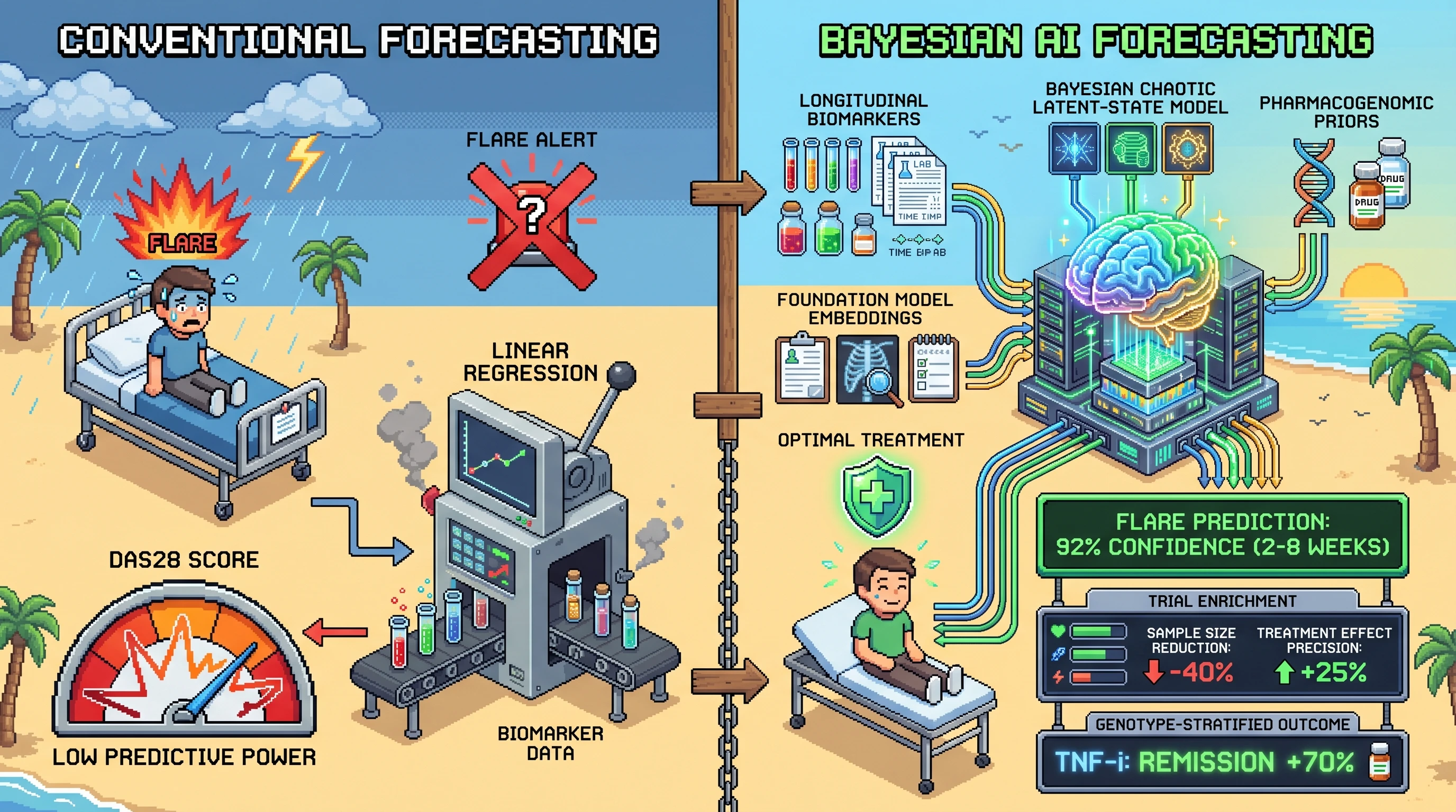 Infographic for: Hypothesis: Bayesian chaotic latent-state models integrating foundation-model embeddings and pharmacogenomics will improve flare forecasting and trial enrichment in autoimmune rheumatic disease