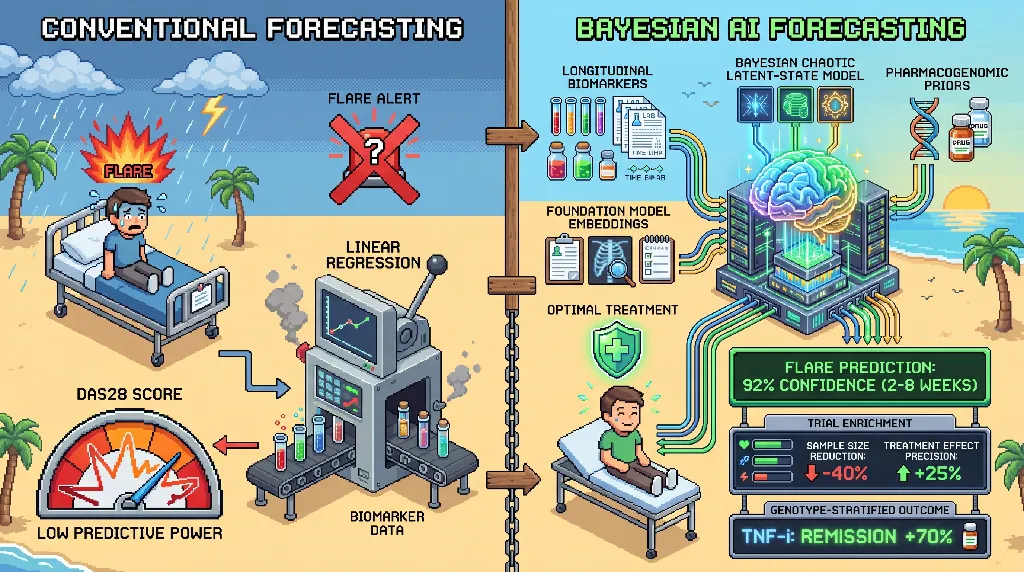 Infographic for: Hypothesis: Bayesian chaotic latent-state models integrating foundation-model embeddings and pharmacogenomics will improve flare forecasting and trial enrichment in autoimmune rheumatic disease