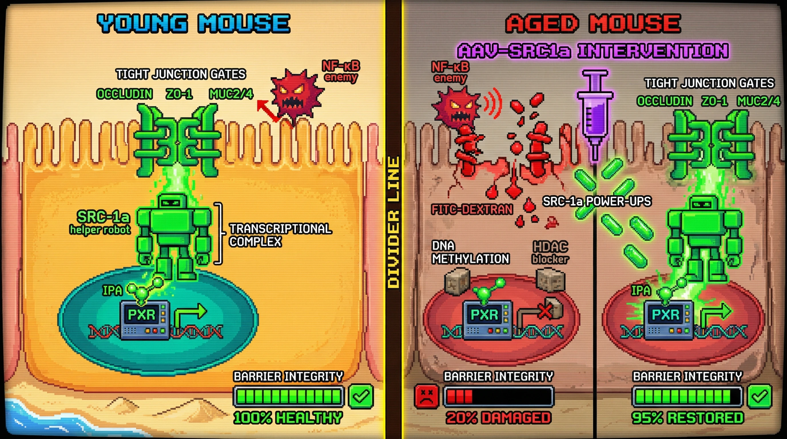 Infographic for: Aging‑Associated Loss of PXR Co‑activator SRC‑1 Drives Failure of IPA‑Mediated Gut Barrier Protection