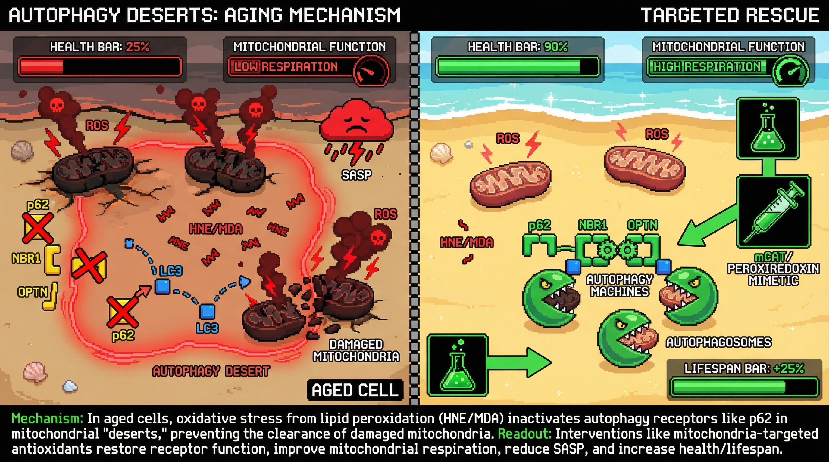 Infographic for: Oxidative gating of autophagy receptor oligomerization creates subcellular autophagy deserts that drive age‑associated mitochondrial decline