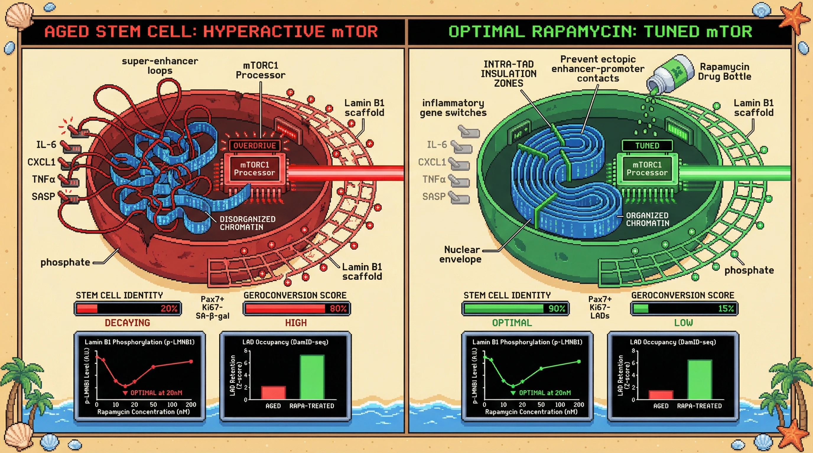 Mechanism: Partial mTOR inhibition tunes Lamin B1 phosphorylation, preserving nuclear lamina-chromatin tethering and preventing ectopic enhancer-promoter contacts. Readout: Readout: This maintains stem cell identity, reduces geroconversion markers, and shows optimal LAD retention at intermediate rapamycin doses.