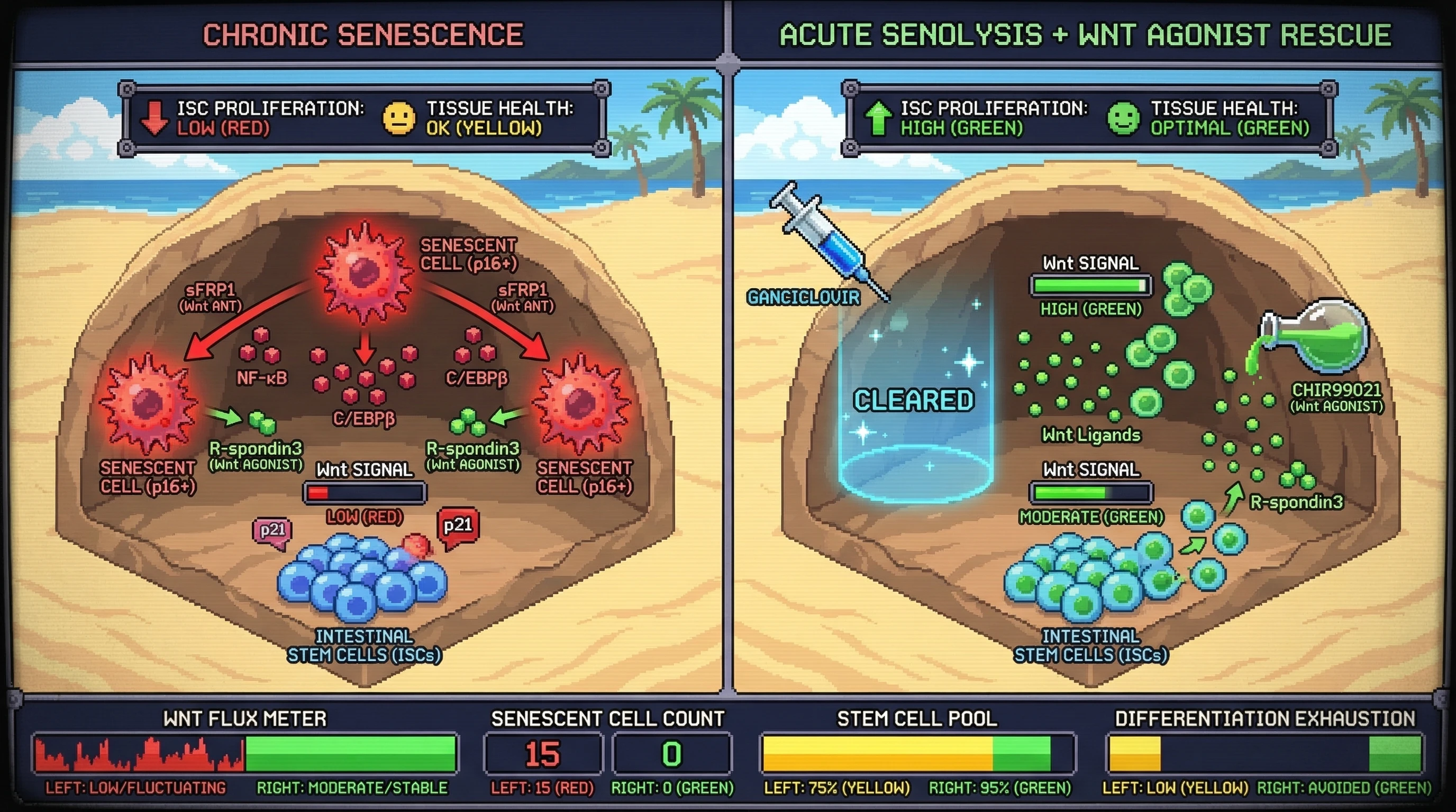 Mechanism: Senescent cells buffer Wnt signaling via sFRP1 (antagonist) and R-spondin3 (agonist), maintaining a bistable switch for intestinal stem cell fate. Readout: Readout: Acute senolysis combined with Wnt agonist prevents stem cell exhaustion, maintaining high ISC proliferation and optimal tissue health.