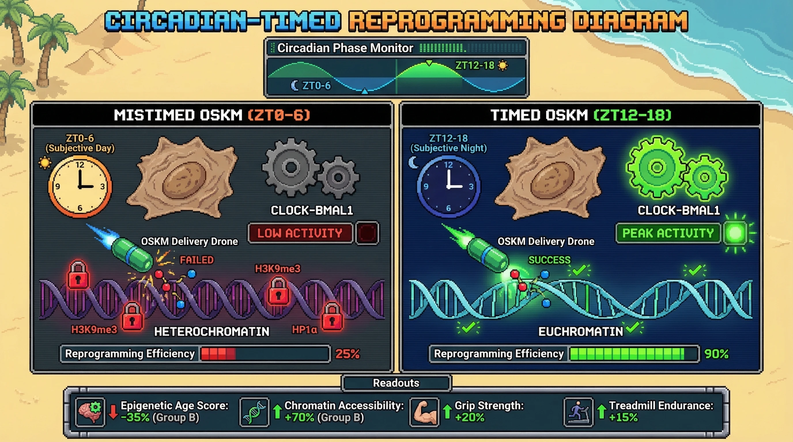 Mechanism: Timed delivery of OSKM factors during peak CLOCK-BMAL1 activity (subjective night) promotes chromatin opening, facilitating epigenetic reprogramming. Readout: Readout: This leads to a significant reduction in epigenetic age, increased chromatin accessibility, and improved physiological functions like grip strength and endurance.