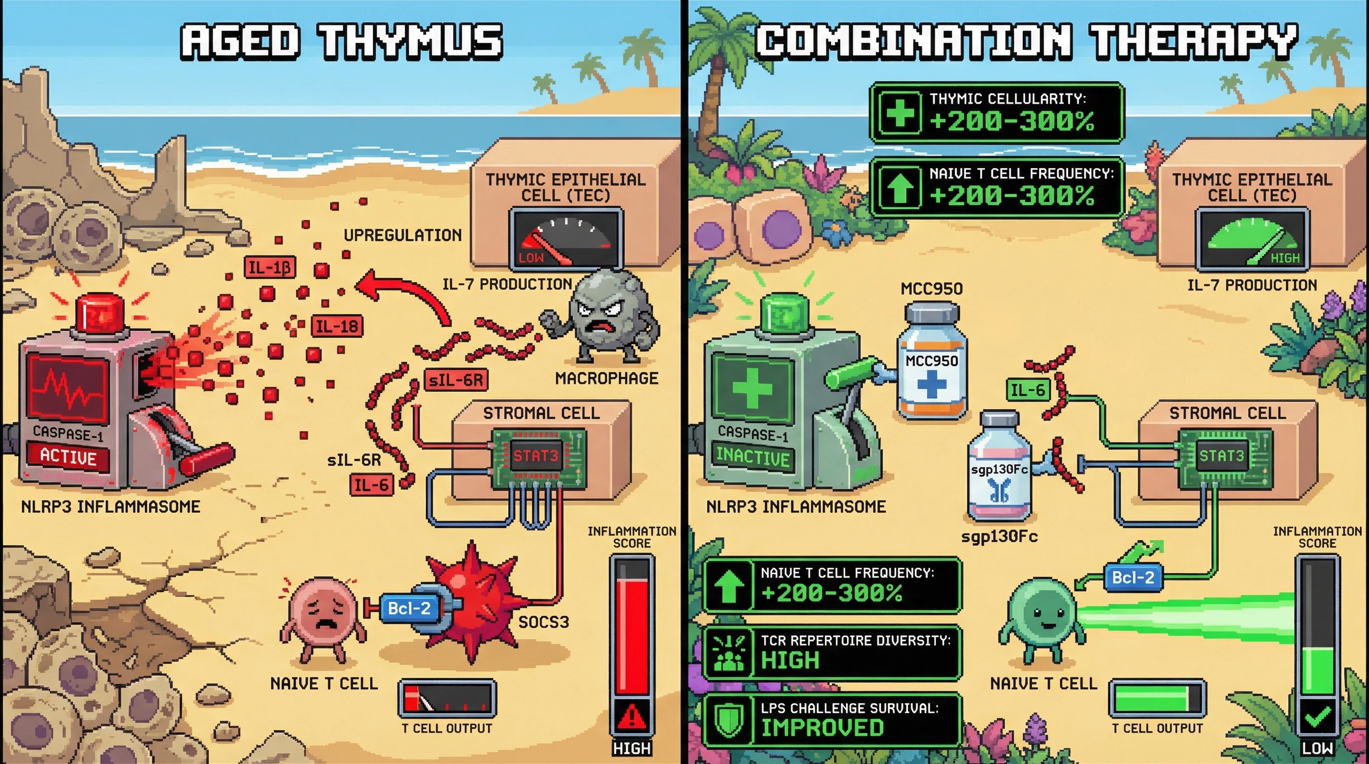 Infographic for: Dual NLRP3 and IL-6 trans-signaling blockade synergistically restores thymopoiesis and peripheral immunity in aged mice