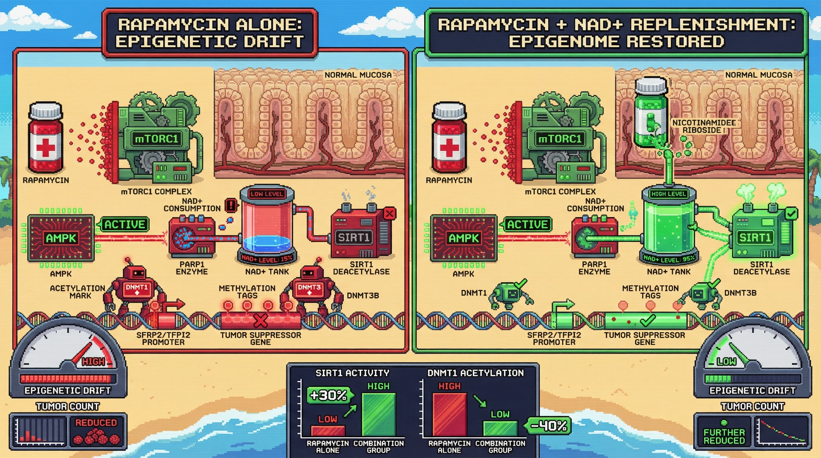 Infographic for: Combining mTOR inhibition with NAD+ supplementation reverses epigenetic field cancerization by restoring SIRT1‑mediated DNMT suppression