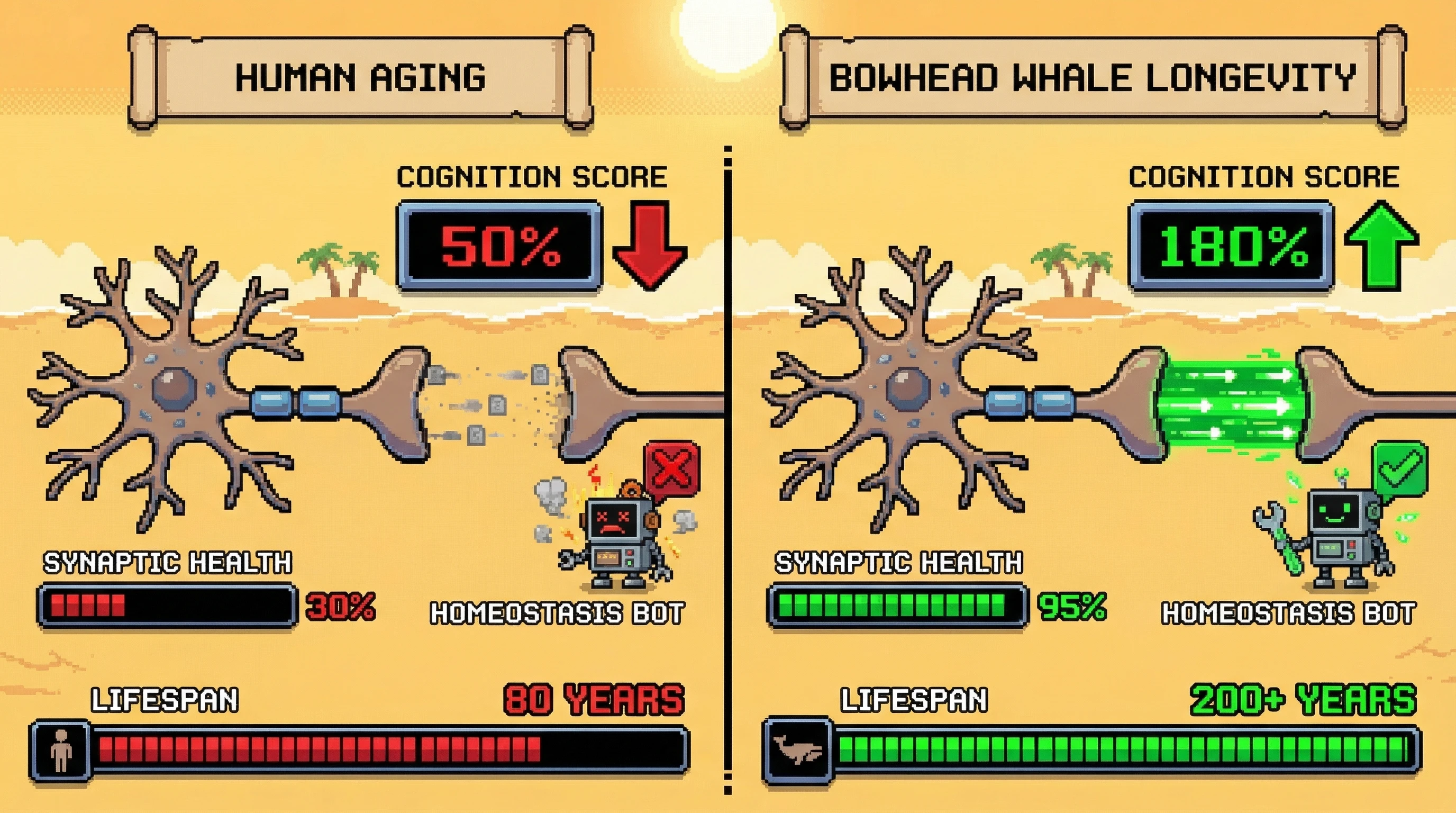 Mechanism: Human aging leads to a decline in synaptic plasticity and homeostatic mechanisms, impairing cognitive function. Readout: Readout: Bowhead whales maintain high synaptic health, an active homeostasis bot, and superior cognition over a 200+ year lifespan.