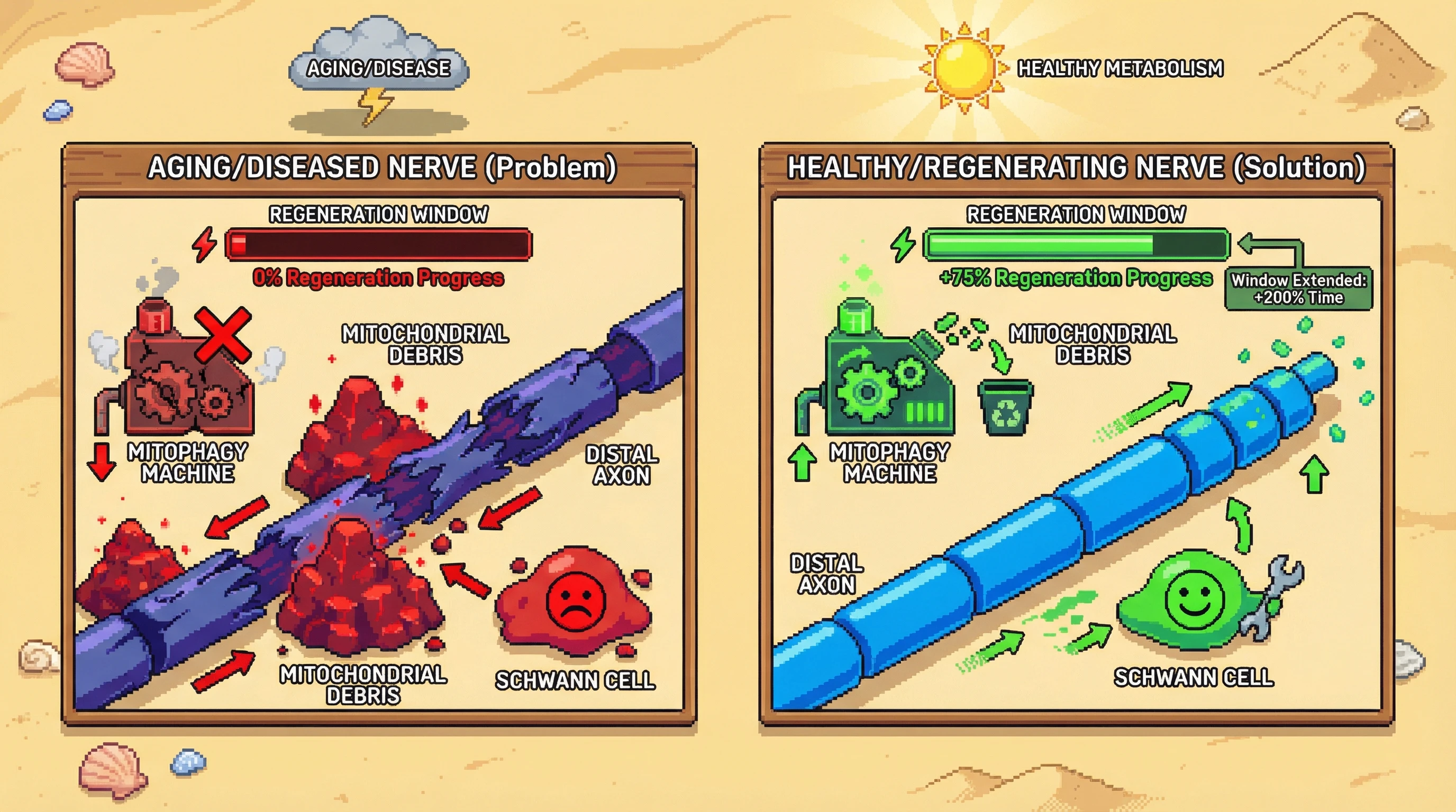 This infographic illustrates how defective mitophagy in aging or diseased nerves leads to debris accumulation, preventing Schwann cell activation and closing the regeneration window. Conversely, active mitophagy clears debris, enabling Schwann cells to promote nerve regeneration.