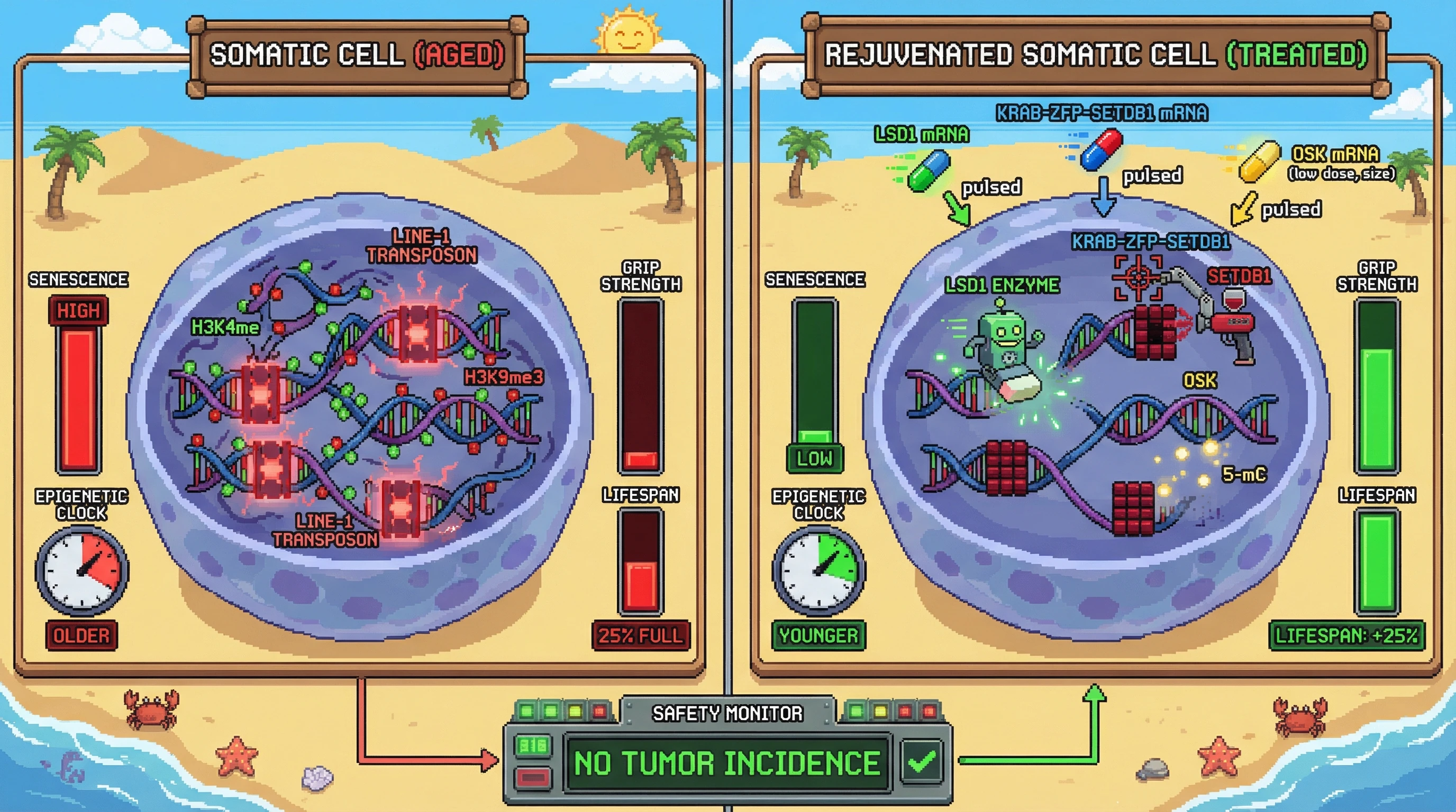 Infographic for: Pulsed LSD1‑SETDB1‑OSK mRNA co‑delivery as a germline‑inspired epigenetic reset strategy for somatic rejuvenation