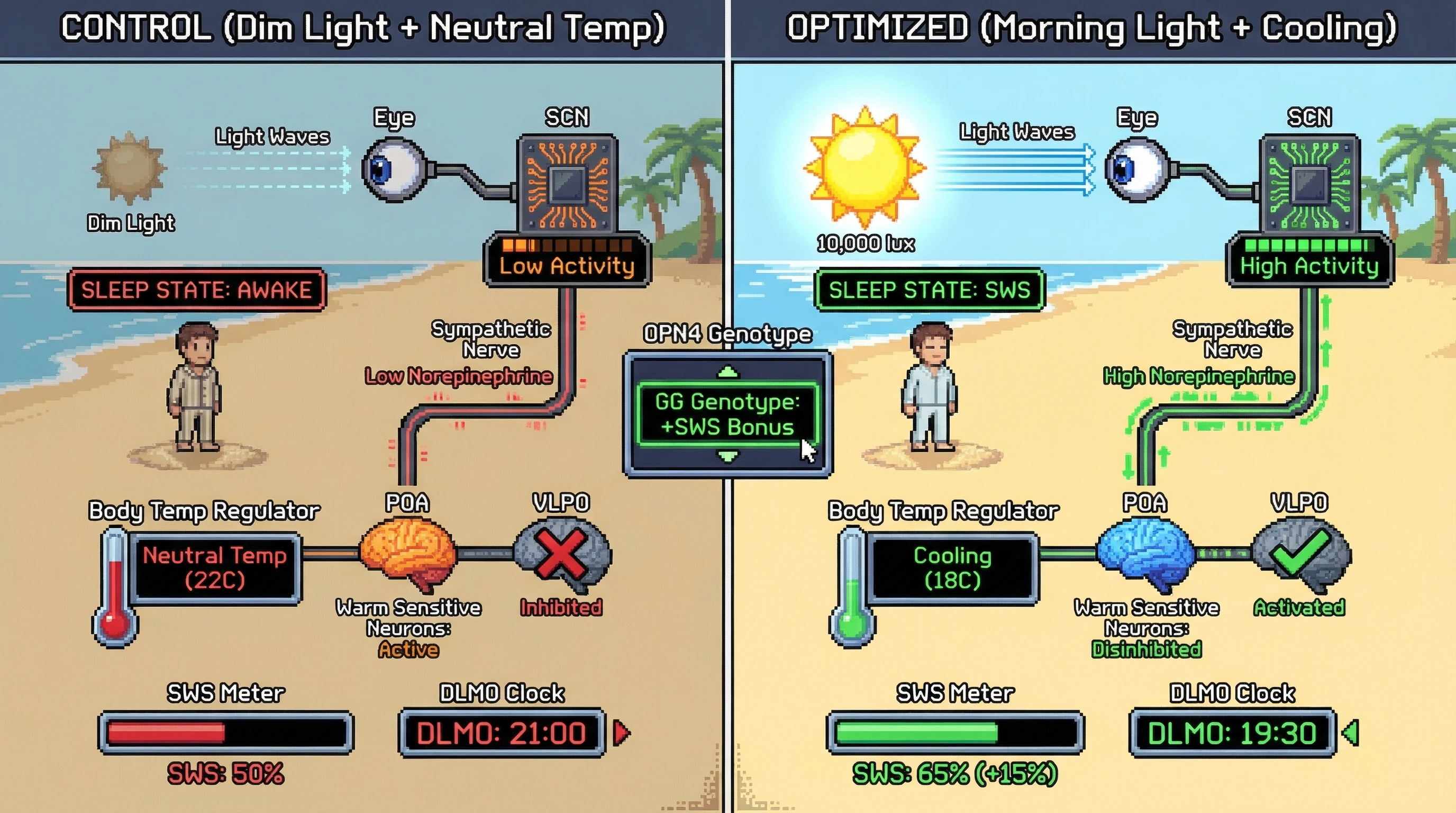 Infographic for: Morning Light‑Induced Phase Advances Enhance Slow‑Wave Sleep via Sympathetic Cooling of the Preoptic Area