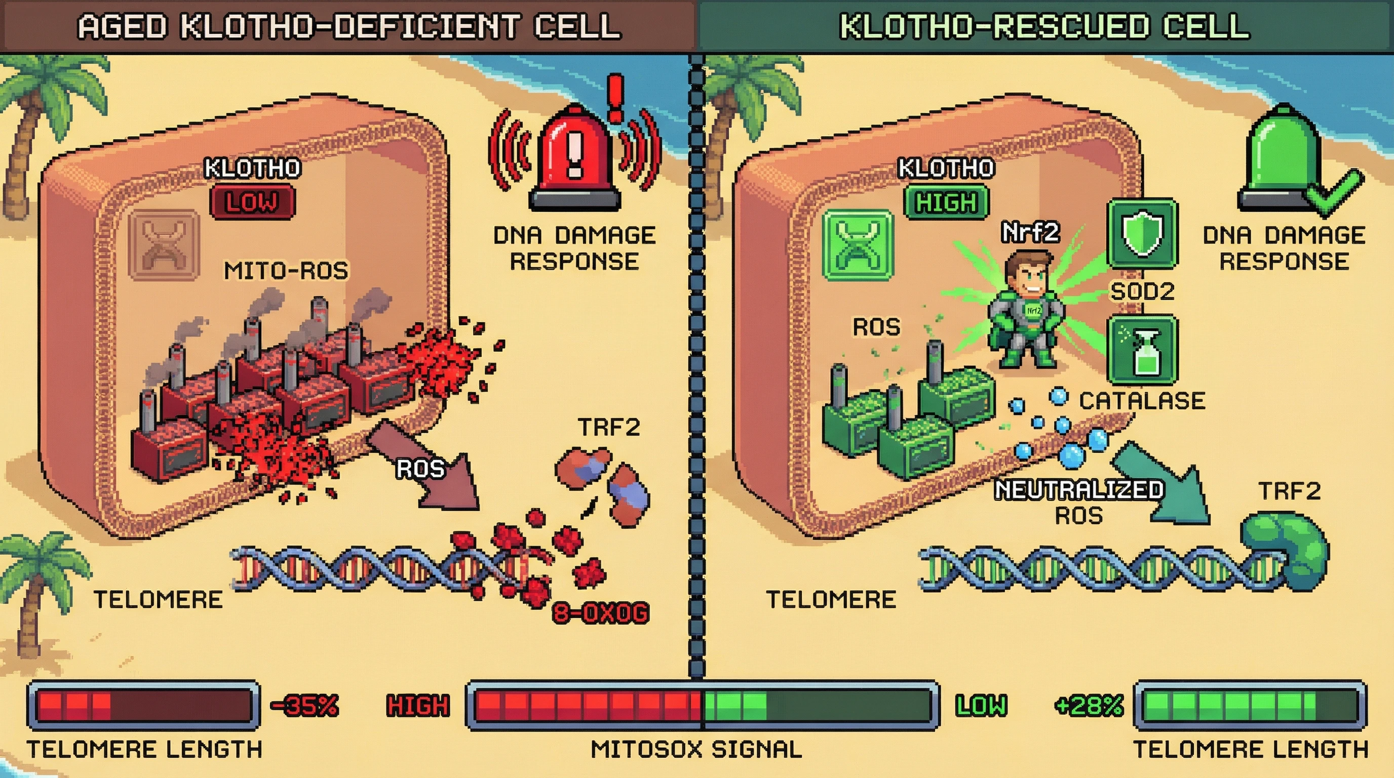 Mechanism: Declining Klotho elevates mitochondrial ROS, causing telomeric 8-oxoguanine lesions and TRF2 detachment, leading to telomere shortening independent of cell division. Readout: Readout: Klotho repletion or antioxidant treatment reduces MitoSOX signal and increases telomere length in progenitor cells.