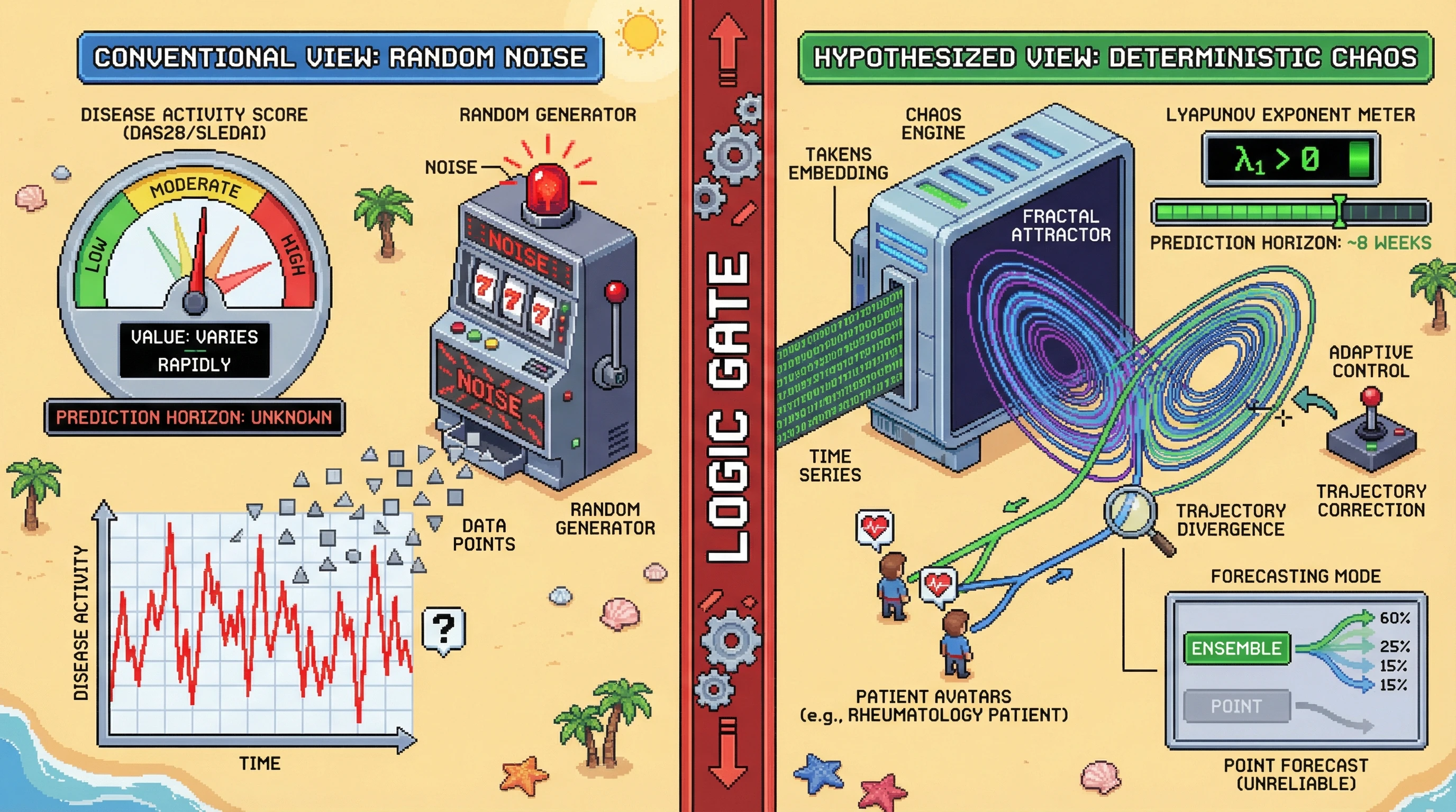 Infographic for: Hypothesis: Autoimmune disease trajectories exhibit deterministic chaos with positive Lyapunov exponents, explaining why long-term flare prediction fails beyond 8-week horizons