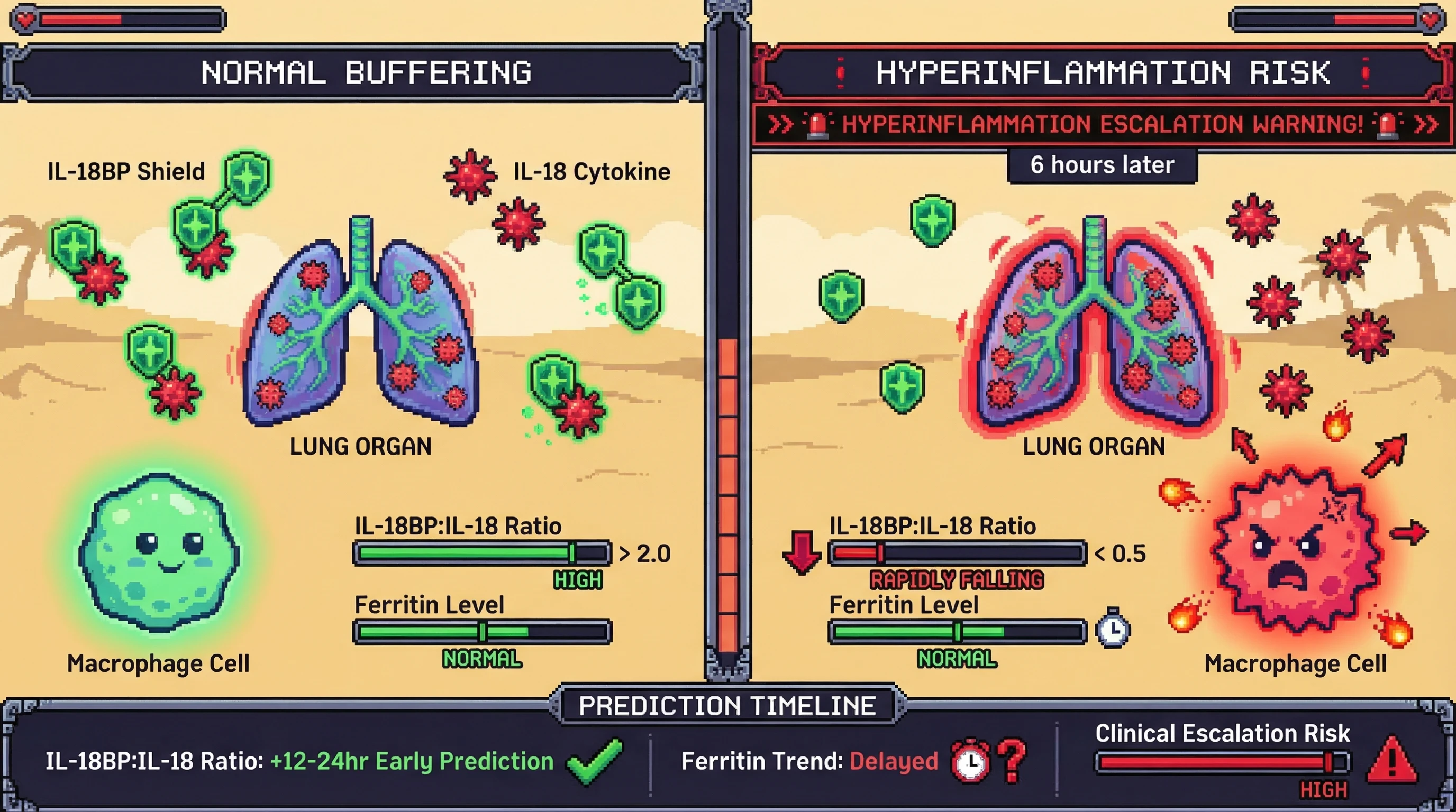 Mechanism: A rapid 6-hour decline in the IL-18BP:IL-18 ratio signifies reduced buffering of pro-inflammatory IL-18, leading to macrophage-driven hyperinflammation. Readout: Readout: This falling ratio predicts clinical escalation (vasopressor need, P/F decline) 12-24 hours earlier than ferritin trends alone, with an AUROC improvement of =0.05.