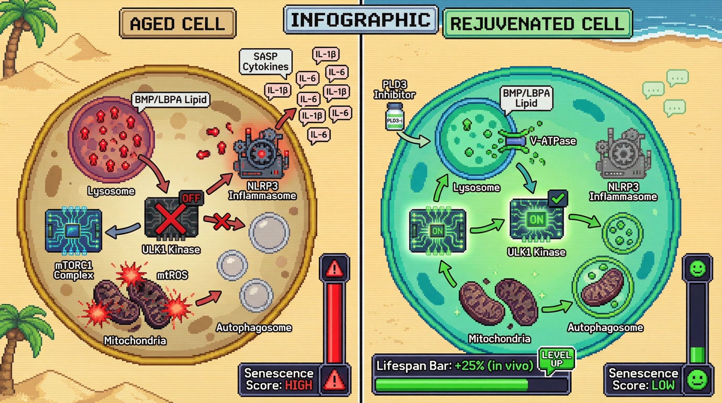 Mechanism: Age-related lysosomal lipids (BMP/LBPA) directly inhibit ULK1 kinase, blocking autophagy and promoting accumulation of damaged mitochondria that fuel SASP. Readout: Readout: Inhibiting lipid synthesis or enhancing lysosomal acidity restores autophagy, reduces senescence markers, and increases organismal lifespan by 25%.