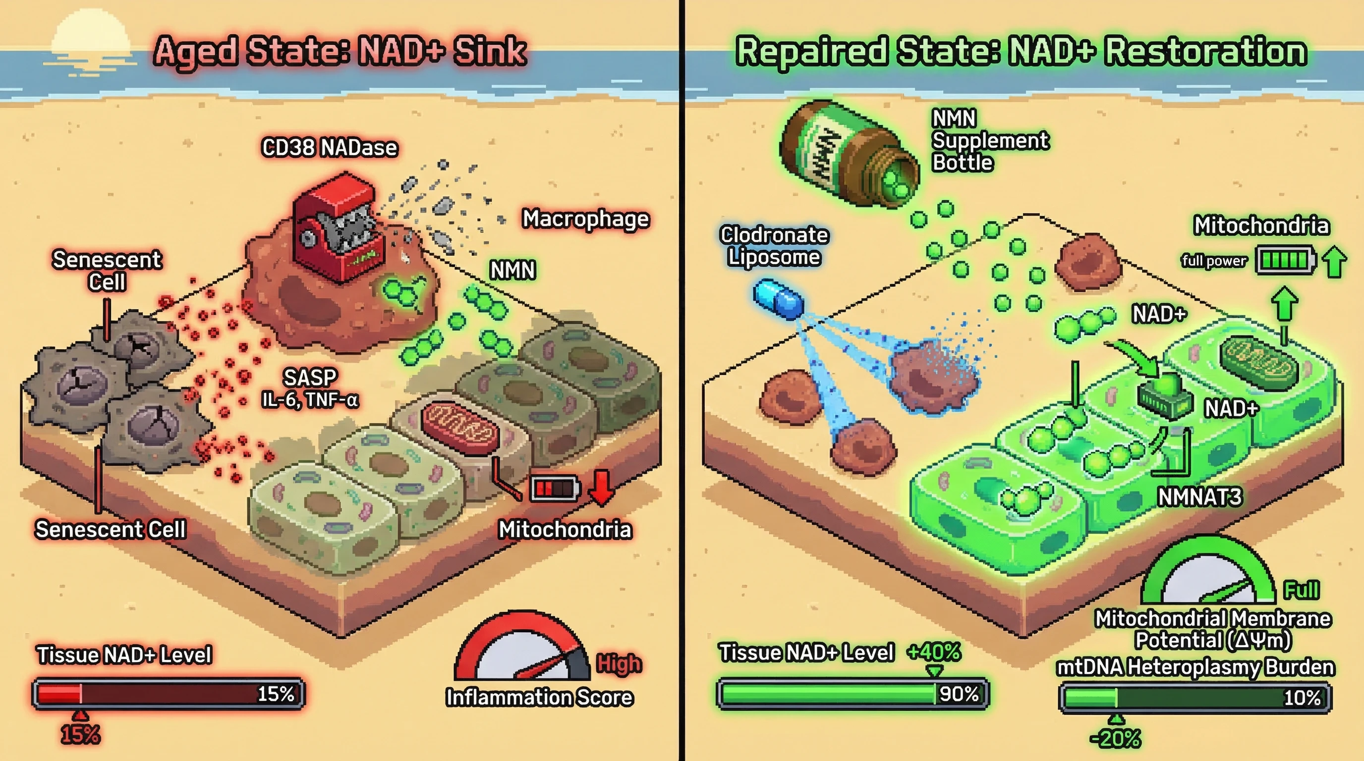Mechanism: Clodronate liposomes deplete SASP-induced CD38-high macrophages, removing the dominant NAD+ sink and allowing NMN supplementation to replenish NAD+ in parenchymal cells. Readout: Readout: Tissue NAD+ levels increase by 40%, mitochondrial membrane potential is restored, and mtDNA heteroplasmy burden is reduced by 20%.