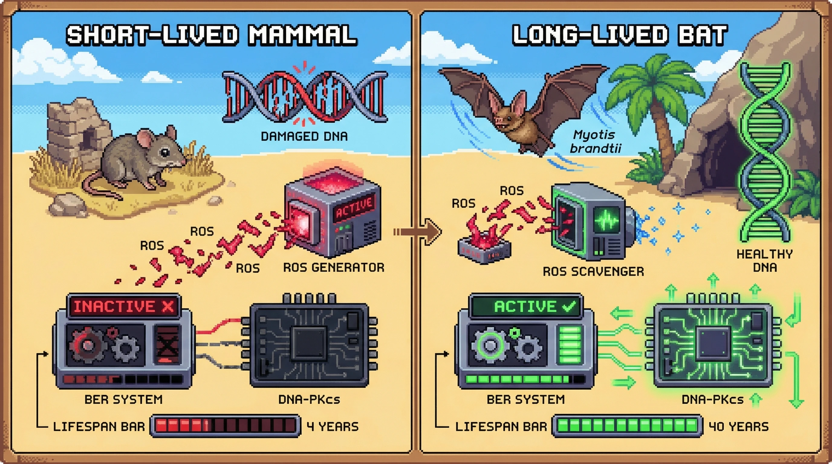 Infographic for: Long-Lived Bats Use Specialized DNA Repair to Outlive Similar-Sized Mammals by 10x