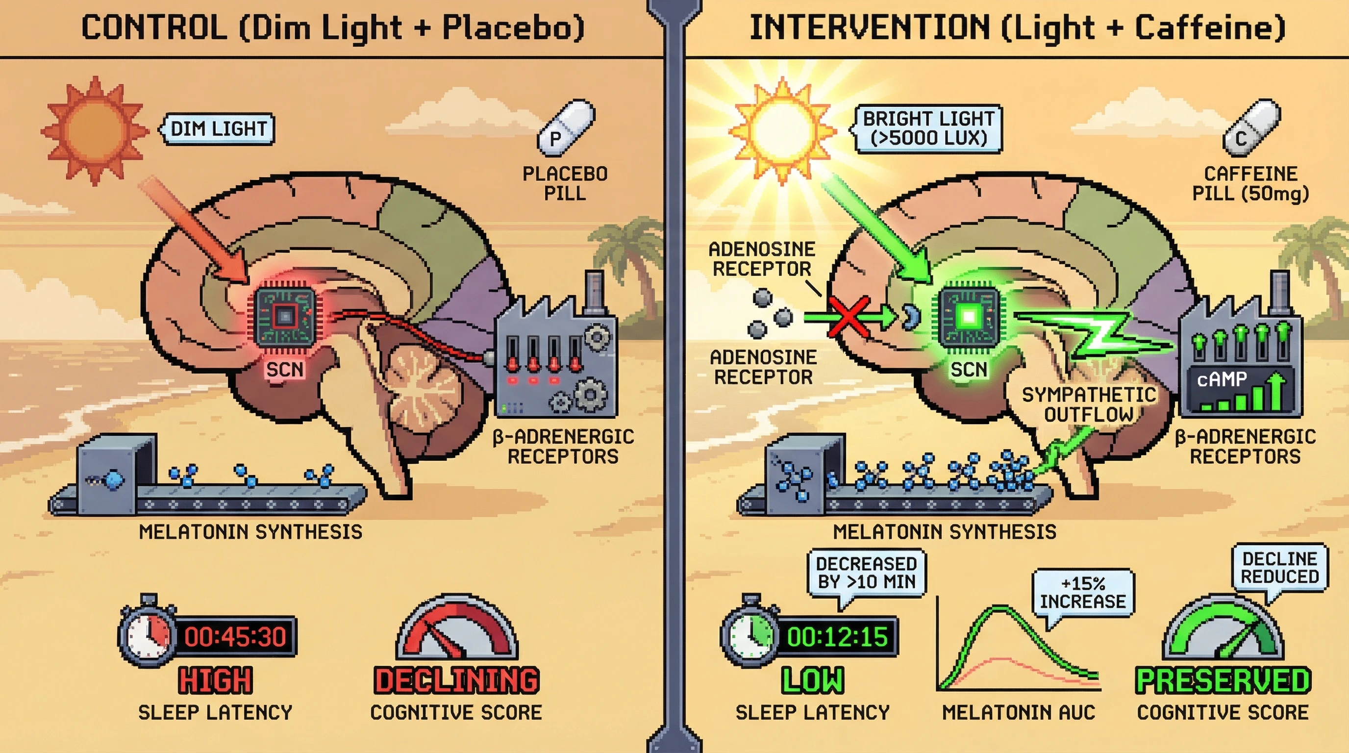 Mechanism: Combined bright light and caffeine synergistically upregulates pineal β-adrenergic receptors, boosting melatonin synthesis. Readout: Readout: This leads to a 15% increase in nocturnal melatonin, a 10 minute decrease in sleep latency, and preserved mid-life cognitive function.
