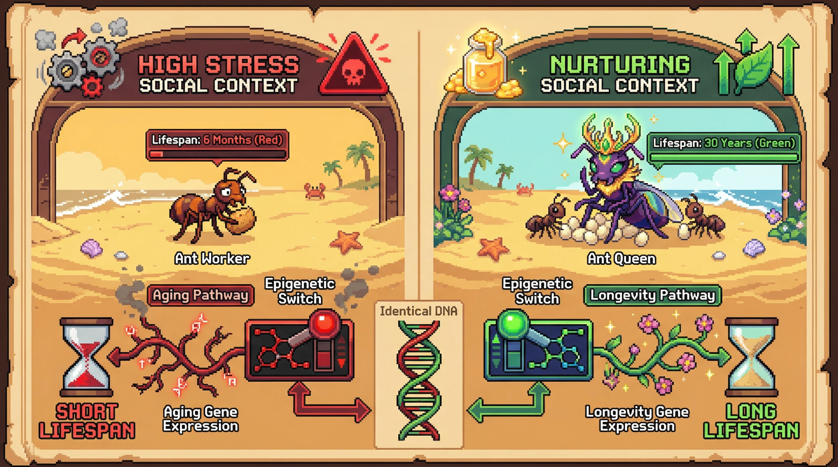This infographic illustrates how ant queens achieve vastly longer lifespans than workers, despite identical DNA, by demonstrating how different social contexts trigger distinct epigenetic switches that alter gene expression for aging versus longevity.
