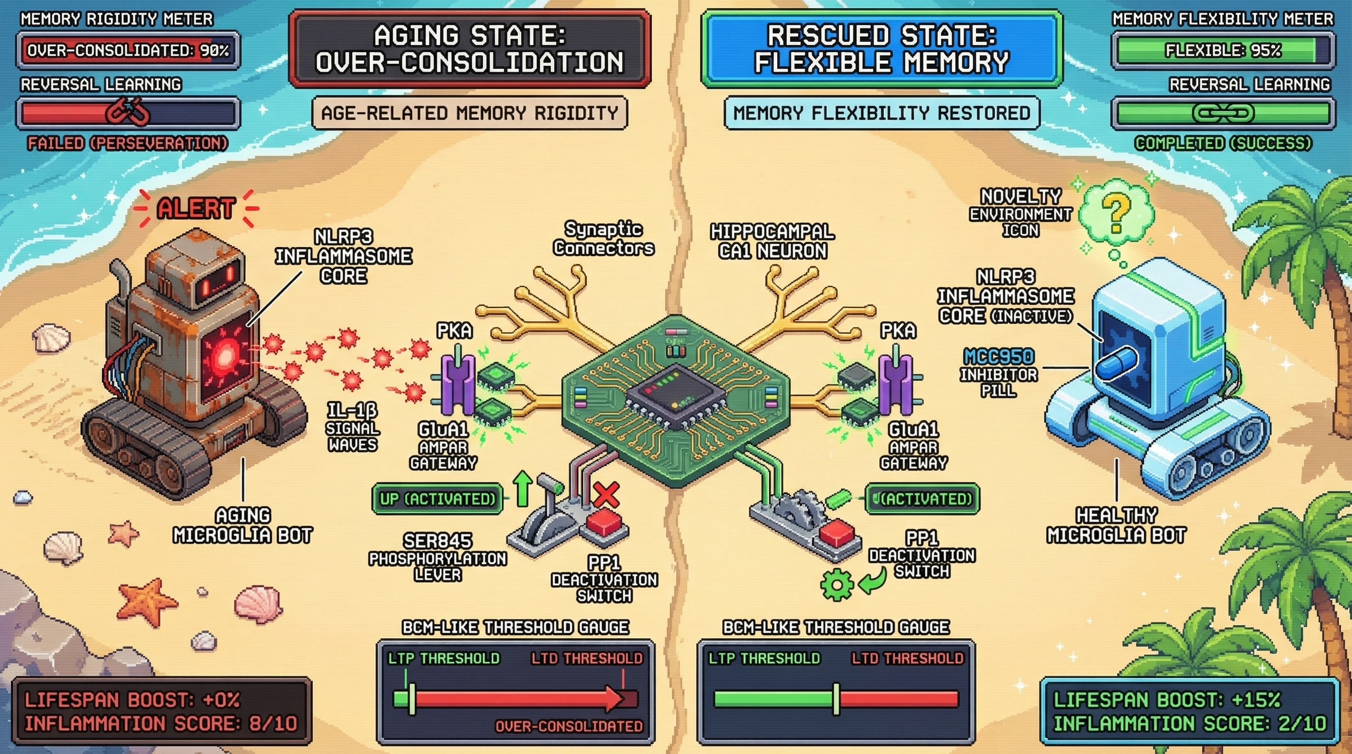Infographic for: NLRP3-driven microglial IL-1β biases hippocampal synaptic modification thresholds toward over-consolidation, producing age-related memory rigidity reversible by transient inflammasome inhibition paired with environmental novelty